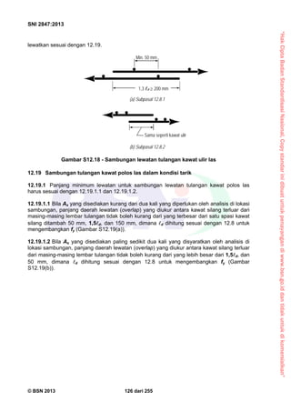 “HakCiptaBadanStandardisasiNasional,Copystandarinidibuatuntukpenayangandiwww.bsn.go.iddantidakuntukdikomersialkan”
SNI 2847:2013
© BSN 2013 126 dari 255
lewatkan sesuai dengan 12.19.
12.19 Sambungan tulangan kawat polos las dalam kondisi tarik
12.19.1 Panjang minimum lewatan untuk sambungan lewatan tulangan kawat polos las
harus sesuai dengan 12.19.1.1 dan 12.19.1.2.
12.19.1.1 Bila As yang disediakan kurang dari dua kali yang diperlukan oleh analisis di lokasi
sambungan, panjang daerah lewatan (overlap) yang diukur antara kawat silang terluar dari
masing-masing lembar tulangan tidak boleh kurang dari yang terbesar dari satu spasi kawat
silang ditambah 50 mm, 1,5d, dan 150 mm, dimana d dihitung sesuai dengan 12.8 untuk
mengembangkan fy (Gambar S12.19(a)).
12.19.1.2 Bila As yang disediakan paling sedikit dua kali yang disyaratkan oleh analisis di
lokasi sambungan, panjang daerah lewatan (overlap) yang diukur antara kawat silang terluar
dari masing-masing lembar tulangan tidak boleh kurang dari yang lebih besar dari 1,5d, dan
50 mm, dimana d dihitung sesuai dengan 12.8 untuk mengembangkan fy (Gambar
S12.19(b)).
Gambar S12.18 - Sambungan lewatan tulangan kawat ulir las
1,3 d  200 mm
Min. 50 mm
(a) Subpasal 12.8.1
(b) Subpasal 12.8.2
Sama seperti kawat ulir
 