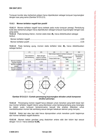 “HakCiptaBadanStandardisasiNasional,Copystandarinidibuatuntukpenayangandiwww.bsn.go.iddantidakuntukdikomersialkan”
SNI 2847:2013
© BSN 2013 134 dari 255
Tumpuan bundar atau berbentuk poligon harus diperlakukan sebagai tumpuan bujursangkar
dengan luas yang sama (Gambar S13.6.2.5).
13.6.3 Momen terfaktor negatif dan positif
13.6.3.1 Momen terfaktor negatif harus terletak pada muka tumpuan persegi. Pendukung
bulat atau berbentuk poligon harus diperlakukan sebagai tumpuan bujursangkar dengan luas
yang sama.
13.6.3.2 Pada bentang interior, momen statis total, Mo, harus didistribusikan sebagai
berikut:
Momen terfaktor negatif.....................................................................................................0,65
Momen terfaktor positif ......................................................................................................0,35
13.6.3.3 Pada bentang ujung, momen statis terfaktor total, Mo, harus didistribusikan
sebagai berikut:
(1) (2) (3) (4) (5)
Tepi eksterior
tak-terkekang
Slab dengan
balok di antara
semua tumpuan
Slab tanpa balok di antara tumpuan
interior
Tepi eksterior
terkekang
penuhTanpa balok tepi
Dengan balok
tepi
Momen terfaktor
negatif interior
0,75 0,70 0,70 0,70 0,65
Momen terfaktor
positif
0,63 0,57 0,52 0,50 0,35
Momen terfaktor
negatif eksterior
0 0,16 0,26 0,30 0,65
Gambar S13.6.2.5 - Contoh penampang bujursangkar ekivalen untuk komponen
struktur penumpu
13.6.3.4 Penampang momen negatif harus didesain untuk menahan yang lebih besar dari
dua momen terfaktor negatif interior yang ditentukan untuk bentang-bentang yang merangka
ke dalam suatu tumpuan bersama-sama kecuali bila analisis dilakukan untuk
mendistribusikan momen tak seimbang sesuai dengan kekakuan elemen yang menyatu.
13.6.3.5 Balok tepi atau tepi slab harus diproporsikan untuk menahan puntir bagiannya
dari momen terfaktor negatif eksterior.
13.6.3.6 Momen beban gravitasi yang disalurkan antara slab dan kolom tepi sesuai
dengan 13.5.3.1 harus sebesar 0,3Mo.
0,89h 0,93h h
hh
h
h
 