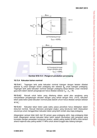 “HakCiptaBadanStandardisasiNasional,Copystandarinidibuatuntukpenayangandiwww.bsn.go.iddantidakuntukdikomersialkan”
SNI 2847:2013
© BSN 2013 165 dari 255
18.13.4 Kekuatan bahan nominal
18.13.4.1 Tegangan tarik pada kekuatan nominal tulangan dengan lekatan dibatasi
sebesar fy untuk tulangan bukan prategang dan sebesar fpy untuk tulangan prategang.
Tegangan tarik pada kekuatan nominal tulangan prategang tanpa lekatan untuk menahan
gaya tarik dalam daerah pengangkuran harus dibatasi sebesar 70ps sef f  .
18.13.4.2 Kecuali untuk beton yang dikekang dalam spiral atau sengkang yang
menyediakan pengekangan ekivalen dengan yang terkait dengan Pers. (10-5), kekuatan
tekan pada beton pada kekuatan nominal pada daerah umum harus dibatasi sampai sebesar
0.7 cif  .
18.13.4.3 Kekuatan tekan beton pada waktu pasca penarikan harus ditetapkan dalam
dokumen kontrak. Kecuali bilamana perangkat angkur yang berukuran lebih disesuaikan
ukurannya untuk menggantikan kekuatan tekan yang lebih rendah atau baja prategang
ditegangkan sampai tidak lebih dari 50 persen gaya prategang akhir, baja prategang tidak
boleh ditegangkan sampai kekuatan tekan beton seperti ditunjukkan oleh pengujian yang
konsisten dengan perawatan komponen struktur, adalah paling sedikit 28 MPa untuk tendon
strand majemuk atau paling sedikit 17 MPa untuk strand tunggal atau batang tulangan.
Gambar S18.13.3 - Pengaruh perubahan penampang
(a) Penampang persegi
(b) Penampang bersayap
dengan diafragma ujung
Tpencar  0,25Ppu
Tpencar
dpencar
Ppu
hhang
dpencar
Tpencar
Ppu
hhang
Tpencar  0,50Ppu
 