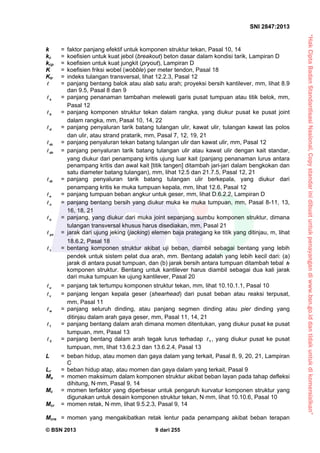 “HakCiptaBadanStandardisasiNasional,Copystandarinidibuatuntukpenayangandiwww.bsn.go.iddantidakuntukdikomersialkan”
SNI 2847:2013
© BSN 2013 9 dari 255
k = faktor panjang efektif untuk komponen struktur tekan, Pasal 10, 14
kc = koefisien untuk kuat jebol (breakout) beton dasar dalam kondisi tarik, Lampiran D
kcp = koefisien untuk kuat jungkit (pryout), Lampiran D
K = koefisien friksi wobel (wobble) per meter tendon, Pasal 18
Ktr = indeks tulangan transversal, lihat 12.2.3, Pasal 12
 = panjang bentang balok atau slab satu arah; proyeksi bersih kantilever, mm, lihat 8.9
dan 9.5, Pasal 8 dan 9
a = panjang penanaman tambahan melewati garis pusat tumpuan atau titik belok, mm,
Pasal 12
b = panjang komponen struktur tekan dalam rangka, yang diukur pusat ke pusat joint
dalam rangka, mm, Pasal 10, 14, 22
d = panjang penyaluran tarik batang tulangan ulir, kawat ulir, tulangan kawat las polos
dan ulir, atau strand pratarik, mm, Pasal 7, 12, 19, 21
dc = panjang penyaluran tekan batang tulangan ulir dan kawat ulir, mm, Pasal 12
dh = panjang penyaluran tarik batang tulangan ulir atau kawat ulir dengan kait standar,
yang diukur dari penampang kritis ujung luar kait (panjang penanaman lurus antara
penampang kritis dan awal kait [titik tangen] ditambah jari-jari dalam bengkokan dan
satu diameter batang tulangan), mm, lihat 12.5 dan 21.7.5, Pasal 12, 21
dt = panjang penyaluran tarik batang tulangan ulir berkepala, yang diukur dari
penampang kritis ke muka tumpuan kepala, mm, lihat 12.6, Pasal 12
e = panjang tumpuan beban angkur untuk geser, mm, lihat D.6.2.2, Lampiran D
n = panjang bentang bersih yang diukur muka ke muka tumpuan, mm, Pasal 8-11, 13,
16, 18, 21
o = panjang, yang diukur dari muka joint sepanjang sumbu komponen struktur, dimana
tulangan transversal khusus harus disediakan, mm, Pasal 21
px = jarak dari ujung jeking (jacking) elemen baja prategang ke titik yang ditinjau, m, lihat
18.6.2, Pasal 18
t = bentang komponen struktur akibat uji beban, diambil sebagai bentang yang lebih
pendek untuk sistem pelat dua arah, mm. Bentang adalah yang lebih kecil dari: (a)
jarak di antara pusat tumpuan, dan (b) jarak bersih antara tumpuan ditambah tebal h
komponen struktur. Bentang untuk kantilever harus diambil sebagai dua kali jarak
dari muka tumpuan ke ujung kantilever, Pasal 20
u = panjang tak tertumpu komponen struktur tekan, mm, lihat 10.10.1.1, Pasal 10
v = panjang lengan kepala geser (shearhead) dari pusat beban atau reaksi terpusat,
mm, Pasal 11
w = panjang seluruh dinding, atau panjang segmen dinding atau pier dinding yang
ditinjau dalam arah gaya geser, mm, Pasal 11, 14, 21
1 = panjang bentang dalam arah dimana momen ditentukan, yang diukur pusat ke pusat
tumpuan, mm, Pasal 13
2 = panjang bentang dalam arah tegak lurus terhadap 1 , yang diukur pusat ke pusat
tumpuan, mm, lihat 13.6.2.3 dan 13.6.2.4, Pasal 13
L = beban hidup, atau momen dan gaya dalam yang terkait, Pasal 8, 9, 20, 21, Lampiran
C
Lr = beban hidup atap, atau momen dan gaya dalam yang terkait, Pasal 9
Ma = momen maksimum dalam komponen struktur akibat beban layan pada tahap defleksi
dihitung, N⋅mm, Pasal 9, 14
Mc = momen terfaktor yang diperbesar untuk pengaruh kurvatur komponen struktur yang
digunakan untuk desain komponen struktur tekan, N⋅mm, lihat 10.10.6, Pasal 10
Mcr = momen retak, N⋅mm, lihat 9.5.2.3, Pasal 9, 14
Mcre = momen yang mengakibatkan retak lentur pada penampang akibat beban terapan
 