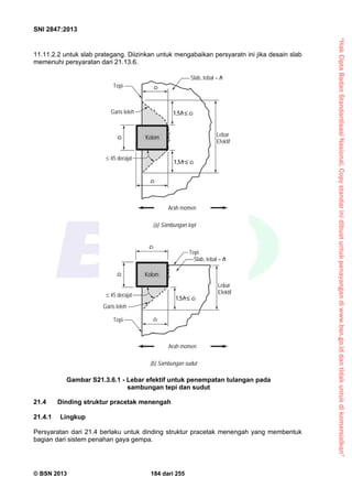 “HakCiptaBadanStandardisasiNasional,Copystandarinidibuatuntukpenayangandiwww.bsn.go.iddantidakuntukdikomersialkan”
SNI 2847:2013
© BSN 2013 184 dari 255
11.11.2.2 untuk slab prategang. Diizinkan untuk mengabaikan persyaratn ini jika desain slab
memenuhi persyaratan dari 21.13.6.
21.4 Dinding struktur pracetak menengah
21.4.1 Lingkup
Persyaratan dari 21.4 berlaku untuk dinding struktur pracetak menengah yang membentuk
bagian dari sistem penahan gaya gempa.
Gambar S21.3.6.1 - Lebar efektif untuk penempatan tulangan pada
sambungan tepi dan sudut
Arah momen
(b) Sambungan sudut
Tepi
Lebar
Efektif
Tepi
Slab, tebal = h
1,5h  ct
Kolom
c1
c2
ct
Garis leleh
 45 derajat
(a) Sambungan tepi
Arah momen
1,5h  ct
Lebar
Efektif
1,5h  ct
Kolomc2
 45 derajat
Garis leleh
Tepi
Slab, tebal = h
c1
ct
 