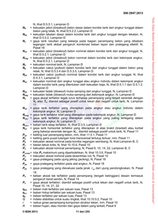 “HakCiptaBadanStandardisasiNasional,Copystandarinidibuatuntukpenayangandiwww.bsn.go.iddantidakuntukdikomersialkan”
SNI 2847:2013
© BSN 2013 11 dari 255
N, lihat D.5.5.1, Lampiran D
Nb = kekuatan jebol (breakout) beton dasar dalam kondisi tarik dari angkur tunggal dalam
beton yang retak, N, lihat D.5.2.2, Lampiran D
Nba = kekuatan lekatan dasar dalam kondisi tarik dari angkur tunggal dengan lekatan, N,
lihat D.5.5.2, Lampiran D
Nc = gaya tarik resultan yang bekerja pada bagian penampang beton yang dibebani
tegangan tarik akibat pengaruh kombinasi beban layan dan prategang efektif, N,
Pasal 18
Ncb = kekuatan jebol (breakout) beton nominal dalam kondisi tarik dari angkur tunggal, N,
lihat D.5.2.1, Lampiran D
Ncbg = kekuatan jebol (breakout) beton nominal dalam kondisi tarik dari kelompok angkur,
N, lihat D.5.2.1, Lampiran D
Nn = kekuatan nominal tarik, N, Lampiran D
Np = kekuatan cabut (pullout) dalam kondisi tarik dari angkur tunggal dalam beton yang
retak, N, lihat D.5.3.4 dan D.5.3.5, Lampiran D
Npn = kekuatan cabut (pullout) nominal dalam kondisi tarik dari angkur tunggal, N, lihat
D.5.3.1, Lampiran D
Nsa = kekuatan nominal dari angkur tunggal atau angkur individu dalam kelompok angkur
dalam kondisi tarik yang ditentukan oleh kekuatan baja, N, lihat D.5.1.1 dan D.5.1.2,
Lampiran D
Nsb = kekuatan ledak (blowout) muka samping dari angkur tunggal, N, Lampiran D
Nsbg = kekuatan ledak (blowout) muka samping dari kelompok angkur, N, Lampiran D
Nu = gaya aksial terfaktor tegak lurus terhadap penampang yang terjadi serentak dengan
Vu atau Tu; diambil sebagai positif untuk tekan dan negatif untuk tarik, N, Lampiran
11
Nua = gaya tarik terfaktor yang diterapkan pada angkur atau angkur individu dalam
kelompok angkur, N, Lampiran D
Nua,g = gaya tarik terfaktor total yang diterapkan pada kelompok angkur, N, Lampiran D
Nua,i = gaya tarik terfaktor yang diterapkan pada angkur yang paling tertegang dalam
kelompok angkur, N, Lampiran D
Nua,s = beban tarik tetap terfaktor, N, lihat D.3.5, Lampiran D
Nuc = gaya tarik horisontal terfaktor yang diterapkan di atas brakit (bracket) atau korbel
yang bekerja serentak dengan Vu , diambil sebagai positif untuk tarik, N, Pasal 11
Pcp = keliling luar penampang beton, mm, lihat 11.5.1, Pasal 11
Ph = keliling garis pusat tulangan torsi transversal tertutup terluar, mm, Pasal 11
Pb = kekuatan aksial nominal pada kondisi regangan seimbang, N, lihat Lampiran B, C
Pc = beban tekuk kritis, N, lihat 10.10.6, Pasal 10
Pn = kekuatan aksial nominal penampang, N, Pasal 9, 10, 14, 22, Lampiran B, C
Pn,max= nilai Pn maksimum yang diperbolehkan, N, lihat 10.3.6, Pasal 10
Po = kekuatan aksial nominal pada eksentritas nol, N, Pasal 10
Ppj = gaya prategang pada ujung jeking (jacking), N, Pasal 18
Ppu = gaya prategang terfaktor pada alat angkur, N, Pasal 18
Ppx = gaya prategang yang dievaluasi pada jarak px dari ujung pendongkrakan, N, Pasal
18
Ps = beban aksial tak terfaktor pada penampang (tengah ketinggian) desain termasuk
pengaruh berat sendiri, N, Pasal 14
Pu = gaya aksial terfaktor; diambil sebagai positif untuk tekan dan negatif untuk tarik, N,
Pasal 10, 14, 21, 22
qDu = beban mati terfaktor per satuan luas, Pasal 13
qLu = beban hidup terfaktor per satuan luas, Pasal 13
qu = beban terfaktor per satuan luas, Pasal 13
Q = indeks stabilitas untuk suatu tingkat, lihat 10.10.5.2, Pasal 10
r = radius girasi penampang komponen struktur tekan, mm, Pasal 10
R = beban hujan, atau momen dan gaya dalam yang terkait, Pasal 9
 