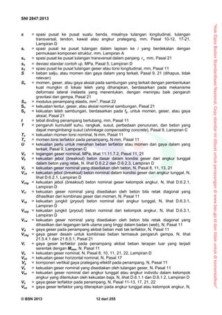 “HakCiptaBadanStandardisasiNasional,Copystandarinidibuatuntukpenayangandiwww.bsn.go.iddantidakuntukdikomersialkan”
SNI 2847:2013
© BSN 2013 12 dari 255
s = spasi pusat ke pusat suatu benda, misalnya tulangan longitudinal, tulangan
transversal, tendon, kawat atau angkur prategang, mm, Pasal 10-12, 17-21,
Lampiran D
si = spasi pusat ke pusat tulangan dalam lapisan ke i yang berdekatan dengan
permukaan komponen struktur, mm, Lampiran A
so = spasi pusat ke pusat tulangan transversal dalam panjang o mm, Pasal 21
ss = deviasi standar contoh uji, MPa, Pasal 5, Lampiran D
s2 = spasi pusat ke pusat tulangan geser atau torsi longitudinal, mm, Pasal 11
S = beban salju, atau momen dan gaya dalam yang terkait, Pasal 9, 21 (dihapus, tidak
relevan)
Se = momen, geser, atau gaya aksial pada sambungan yang terkait dengan pembentukan
kuat mungkin di lokasi leleh yang diharapkan, berdasarkan pada mekanisme
deformasi lateral inelastis yang menentukan, dengan meninjau baik pengaruh
gravitasi dan gempa, Pasal 21
Sm = modulus penampang elastis, mm3
, Pasal 22
Sn = kekuatan lentur, geser, atau aksial nominal sambungan, Pasal 21
Sy = kekuatan leleh sambungan, berdasarkan pada fy, untuk momen, geser, atau gaya
aksial, Pasal 21
t = tebal dinding penampang berlubang, mm, Pasal 11
T = pengaruh kumulatif suhu, rangkak, susut, perbedaan penurunan, dan beton yang
dapat mengimbangi susut (shrinkage compensating concrete), Pasal 9, Lampiran C
Tn = kekuatan momen torsi nominal, N⋅mm, Pasal 11
Tu = momen torsi terfaktor pada penampang, N⋅mm, Pasal 11
U = kekuatan perlu untuk menahan beban terfaktor atau momen dan gaya dalam yang
terkait, Pasal 9, Lampiran C
Vn = tegangan geser nominal, MPa, lihat 11.11.7.2, Pasal 11, 21
Vb = kekuatan jebol (breakout) beton dasar dalam kondisi geser dari angkur tunggal
dalam beton yang retak, N, lihat D.6.2.2 dan D.6.2.3, Lampiran D
Vc = kekuatan geser nominal yang disediakan oleh beton, N, Pasal 8, 11, 13, 21
Vcb = kekuatan jebol (breakout) beton nominal dalam kondisi geser dari angkur tunggal, N,
lihat D.6.2.1, Lampiran D
Vcbg = kekuatan jebol (breakout) beton nominal geser kelompok angkur, N, lihat D.6.2.1,
Lampiran D
Vci = kekuatan geser nominal yang disediakan oleh beton bila retak diagonal yang
dihasilkan dari kombinasi geser dan momen, N, Pasal 11
Vcp = kekuatan jungkit (pryout) beton nominal dari angkur tunggal, N, lihat D.6.3.1,
Lampiran D
Vcpg = kekuatan jungkit (pryout) beton nominal dari kelompok angkur, N, lihat D.6.3.1,
Lampiran D
Vcw = kekuatan geser nominal yang disediakan oleh beton bila retak diagonal yang
dihasilkan dari tegangan tarik utama yang tinggi dalam badan (web), N, Pasal 11
Vd = gaya geser pada penampang akibat beban mati tak terfaktor, N, Pasal 11
Vcbg = gaya geser desain untuk kombinasi beban termasuk pengaruh gempa, N, lihat
21.5.4.1 dan 21.6.5.1, Pasal 21
Vi = gaya geser terfaktor pada penampang akibat beban terapan luar yang terjadi
serentak dengan Mmax, N, Pasal 11
Vn = kekuatan geser nominal, N, Pasal 8, 10, 11, 21, 22, Lampiran D
Vnh = kekuatan geser horizontal nominal, N, Pasal 17
= komponen vertikal gaya prategang efektif pada penampang, N, Pasal 11
Vs = kekuatan geser nominal yang disediakan oleh tulangan geser, N, Pasal 11
Vsa = kekuatan geser nominal dari angkur tunggal atau angkur individu dalam kelompok
angkur yang ditentukan oleh kekuatan baja, N, lihat D.6.1.1 dan D.6.1.2, Lampiran D
Vu = gaya geser terfaktor pada penampang, N, Pasal 11-13, 17, 21, 22
Vua = gaya geser terfaktor yang diterapkan pada angkur tunggal atau kelompok angkur, N,
 