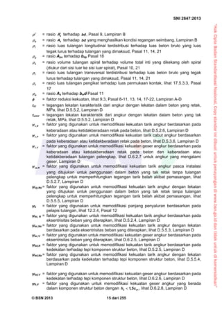 “HakCiptaBadanStandardisasiNasional,Copystandarinidibuatuntukpenayangandiwww.bsn.go.iddantidakuntukdikomersialkan”
SNI 2847:2013
© BSN 2013 15 dari 255
 = rasio sA terhadap bd, Pasal 9, Lampiran B
b = rasio sA terhadap bd yang menghasilkan kondisi regangan seimbang, Lampiran B
 = rasio luas tulangan longitudinal terdistribusi terhadap luas beton bruto yang luas
tegak lurus terhadap tulangan yang dimaksud, Pasal 11, 14, 21
p = rasio Aps terhadap bdp Pasal 18
s = rasio volume tulangan spiral terhadap volume total inti yang dikekang oleh spiral
(diukur dari sisi luar ke sisi luar spiral), Pasal 10, 21
t = rasio luas tulangan transversal terdistribusi terhadap luas beton bruto yang tegak
lurus terhadap tulangan yang dimaksud, Pasal 11, 14, 21
v = rasio luas tulangan pengikat terhadap luas permukaan kontak, lihat 17.5.3.3, Pasal
17
w = rasio As terhadap bwd Pasal 11
 = faktor reduksi kekuatan, lihat 9.3, Pasal 8-11, 13, 14, 17-22, Lampiran A-D
cr = tegangan lekatan karakteristik dari angkur dengan lekatan dalam beton yang retak,
MPa, lihat D.5.5.2, Lampiran D
uncr = tegangan lekatan karakteristik dari angkur dengan lekatan dalam beton yang tak
retak, MPa, lihat D.5.5.2, Lampiran D
,c N = faktor yang digunakan untuk memodifikasi kekuatan tarik angkur berdasarkan pada
keberadaan atau ketidakberadaan retak pada beton, lihat D.5.2.6, Lampiran D
,c P = faktor yang digunakan untuk memodifikasi kekuatan tarik cabut angkur berdasarkan
pada keberadaan atau ketidakberadaan retak pada beton, lihat D.5.3.6, Lampiran D
,c V = faktor yang digunakan untuk memodifikasi kekuatan geser angkur berdasarkan pada
keberadaan atau ketidakberadaan retak pada beton dan keberadaan atau
ketidakberadaan tulangan pelengkap, lihat D.6.2.7 untuk angkur yang mengalami
geser, Lampiran D
,cp N = faktor yang digunakan untuk memodifikasi kekuatan tarik angkur pasca instalasi
yang ditujukan untuk penggunaan dalam beton yang tak retak tanpa tulangan
pelengkap untuk memperhitungkan tegangan tarik belah akibat pemasangan, lihat
D.5.2.7, Lampiran D
cp,Na = faktor yang digunakan untuk memodifikasi kekuatan tarik angkur dengan lekatan
yang ditujukan untuk penggunaan dalam beton yang tak retak tanpa tulangan
pelengkap untuk memperhitungkan tegangan tarik belah akibat pemasangan, lihat
D.5.5.5, Lampiran D
e = faktor yang digunakan untuk memodifikasi panjang penyaluran berdasarkan pada
pelapis tulangan, lihat 12.2.4, Pasal 12
ec, N = faktor yang digunakan untuk memodifikasi kekuatan tarik angkur berdasarkan pada
eksentrisitas beban yang diterapkan, lihat D.5.2.4, Lampiran D
ec,Na = faktor yang digunakan untuk memodifikasi kekuatan tarik angkur dengan lekatan
berdasarkan pada eksentrisitas beban yang diterapkan, lihat D.5.5.3, Lampiran D
ec,V = faktor yang digunakan untuk memodifikasi kekuatan geser angkur berdasarkan pada
eksentrisitas beban yang diterapkan, lihat D.6.2.5, Lampiran D
ed,N = faktor yang digunakan untuk memodifikasi kekuatan tarik angkur berdasarkan pada
kedekatan terhadap tepi komponen struktur beton, lihat D.5.2.5, Lampiran D
ed,Na = faktor yang digunakan untuk memodifikasi kekuatan tarik angkur dengan lekatan
berdasarkan pada kedekatan terhadap tepi komponen struktur beton, lihat D.5.5.4,
Lampiran D
ed,V = faktor yang digunakan untuk memodifikasi kekuatan geser angkur berdasarkan pada
kedekatan terhadap tepi komponen struktur beton, lihat D.6.2.6, Lampiran D
h,V = faktor yang digunakan untuk memodifikasi kekuatan geser angkur yang berada
dalam komponen struktur beton dengan 11,5a ah c , lihat D.6.2.8, Lampiran D
 