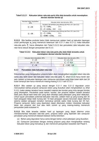 “HakCiptaBadanStandardisasiNasional,Copystandarinidibuatuntukpenayangandiwww.bsn.go.iddantidakuntukdikomersialkan”
SNI 2847:2013
© BSN 2013 39 dari 255
Tabel 5.3.2.1 Kekuatan tekan rata-rata perlu bila data tersedia untuk menetapkan
deviasi standar benda uji
Kekuatan tekan disyaratkan,
MPa
Kekuatan tekan rata-rata perlu, MPa
35cf  
Gunakan nilai terbesar yang dihitung dari Pers. (5-1) dan (5-2)
1,34cr c s
f f s   (5-1)
2,33 3,5cr c s
f f s    (5-2)
35cf  
Gunakan nilai terbesar yang dihitung dari Pers. (5-1) dan (5-3)
1,34cr c s
f f s   (5-1)
0,90 2,33cr c s
f f s   (5-3)
5.3.2.2 Bila fasilitas produksi beton tidak mempunyai catatan hasil uji kekuatan lapangan
untuk perhitungan ss yang memenuhi ketentuan dari 5.3.1.1 atau 5.3.1.2, maka kekuatan
rata-rata perlu cr
f harus ditetapkan dari Tabel 5.3.2.2 dan pencatatan data kekuatan rata-
rata harus sesuai dengan persyaratan dari 5.3.3.
Tabel 5.3.2.2 Kekuatan tekan rata-rata perlu jika data tidak tersedia untuk
menetapkan deviasi standar benda uji
Kekuatan tekan disyaratkan, MPa Kekuatan tekan rata-rata perlu, MPa
21c
f   7,0cr c
f f  
21 35c
f   8,3cr c
f f  
35c
f   1,10 5,0cr c
f f  
5.3.3 Pencatatan data kekuatan rata-rata
Dokumentasi yang mengusulkan proporsi beton akan menghasilkan kekuatan tekan rata-rata
sama atau lebih besar dari kekuatan tekan rata-rata perlu cr
f (lihat 5.3.2) harus terdiri dari
satu catatan uji kekuatan lapangan atau campuran percobaan yang tidak boleh lebih dari 24
bulan lamanya dan harus memenuhi masing-masing 5.3.3.1 dan 5.3.3.2.
5.3.3.1 Bila catatan uji yang sesuai dengan 5.3.1.1 atau 5.3.1.2 digunakan untuk
menunjukkan bahwa proporsi campuran beton yang diusulkan akan menghasilkani crf (lihat
5.3.2), maka catatan tersebut harus mewakili material dan kondisi yang mirip dengan kondisi
yang diharapkan. Perubahan pada bahan, kondisi, dan proporsi daalam catatan tersebut
tidak perlu dibuat lebih ketat dari yang akan dihadapi pada pekerjaan yang akan dilakukan.
Untuk tujuan pencatatan potensial kekuatan rata-rata, catatan hasil uji yang kurang dari 30
hasil pengujian tetapi tidak kurang dari 10 hasil pengujian secara berurutan dapat diterima
selama catatan pengujian tersebut mencakup periode waktu tidak kurang dari 45 hari.
Proporsi campuran beton yang diperlukan dapat ditentukan melalui interpolasi kekuatan
tekan dan proporsi dari dua atau lebih contoh uji yang masing-masing memenuhi
persyaratan pada subpasal ini.
5.3.3.2 Bila tidak tersedia catatan hasil uji lapangan yang dapat diterima untuk
mendokumentasi kekuatan rata-rata perlu, proporsi beton yang diperoleh dari campuran
percobaan yang memenuhi batasan-batasan berikut diizinkan:
(a) Bahan yang digunakan harus sama dengan bahan untuk pekerjaan yang diusulkan;
(b) Campuran percobaan dengan rentang proporsi yang akan menghasilkan rentang
kekuatan tekan yang mencakup crf dan memenuhi persyaratan keawetan dari Pasal 4;
 