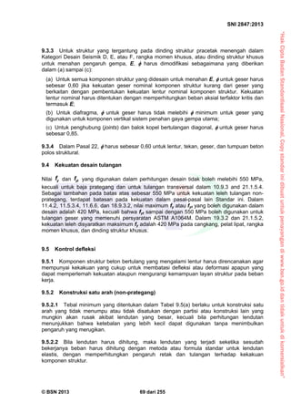 “HakCiptaBadanStandardisasiNasional,Copystandarinidibuatuntukpenayangandiwww.bsn.go.iddantidakuntukdikomersialkan”
SNI 2847:2013
© BSN 2013 69 dari 255
9.3.3 Untuk struktur yang tergantung pada dinding struktur pracetak menengah dalam
Kategori Desain Seismik D, E, atau F, rangka momen khusus, atau dinding struktur khusus
untuk menahan pengaruh gempa, E,  harus dimodifikasi sebagaimana yang diberikan
dalam (a) sampai (c):
(a) Untuk semua komponen struktur yang didesain untuk menahan E,  untuk geser harus
sebesar 0,60 jika kekuatan geser nominal komponen struktur kurang dari geser yang
berkaitan dengan pembentukan kekuatan lentur nominal komponen struktur. Kekuatan
lentur nominal harus ditentukan dengan memperhitungkan beban aksial terfaktor kritis dan
termasuk E;
(b) Untuk diafragma,  untuk geser harus tidak melebihi  minimum untuk geser yang
digunakan untuk komponen vertikal sistem penahan gaya gempa utama;
(c) Untuk penghubung (joints) dan balok kopel bertulangan diagonal,  untuk geser harus
sebesar 0,85.
9.3.4 Dalam Pasal 22,  harus sebesar 0,60 untuk lentur, tekan, geser, dan tumpuan beton
polos struktural.
9.4 Kekuatan desain tulangan
Nilai yf dan ytf yang digunakan dalam perhitungan desain tidak boleh melebihi 550 MPa,
kecuali untuk baja prategang dan untuk tulangan transversal dalam 10.9.3 and 21.1.5.4.
Sebagai tambahan pada batas atas sebesar 550 MPa untuk kekuatan leleh tulangan non-
prategang, terdapat batasan pada kekuatan dalam pasal-pasal lain Standar ini. Dalam
11.4.2, 11.5.3.4, 11.6.6, dan 18.9.3.2, nilai maximum fy atau fyt yang boleh digunakan dalam
desain adalah 420 MPa, kecuali bahwa fyt sampai dengan 550 MPa boleh digunakan untuk
tulangan geser yang memenuhi persyaratan ASTM A1064M. Dalam 19.3.2 dan 21.1.5.2,
kekuatan leleh disyaratkan maksimum fy adalah 420 MPa pada cangkang, pelat lipat, rangka
momen khusus, dan dinding struktur khusus.
9.5 Kontrol defleksi
9.5.1 Komponen struktur beton bertulang yang mengalami lentur harus direncanakan agar
mempunyai kekakuan yang cukup untuk membatasi defleksi atau deformasi apapun yang
dapat memperlemah kekuatan ataupun mengurangi kemampuan layan struktur pada beban
kerja.
9.5.2 Konstruksi satu arah (non-prategang)
9.5.2.1 Tebal minimum yang ditentukan dalam Tabel 9.5(a) berlaku untuk konstruksi satu
arah yang tidak menumpu atau tidak disatukan dengan partisi atau konstruksi lain yang
mungkin akan rusak akibat lendutan yang besar, kecuali bila perhitungan lendutan
menunjukkan bahwa ketebalan yang lebih kecil dapat digunakan tanpa menimbulkan
pengaruh yang merugikan.
9.5.2.2 Bila lendutan harus dihitung, maka lendutan yang terjadi seketika sesudah
bekerjanya beban harus dihitung dengan metoda atau formula standar untuk lendutan
elastis, dengan memperhitungkan pengaruh retak dan tulangan terhadap kekakuan
komponen struktur.
 