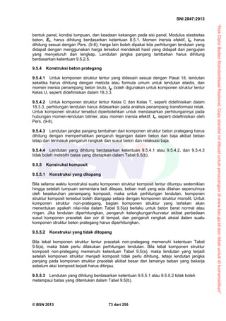 “HakCiptaBadanStandardisasiNasional,Copystandarinidibuatuntukpenayangandiwww.bsn.go.iddantidakuntukdikomersialkan”
SNI 2847:2013
© BSN 2013 73 dari 255
bentuk panel, kondisi tumpuan, dan keadaan kekangan pada sisi panel. Modulus elastisitas
beton, Ec, harus dihitung berdasarkan ketentuan 8.5.1. Momen inersia efektif, Ie, harus
dihitung sesuai dengan Pers. (9-8); harga lain boleh dipakai bila perhitungan lendutan yang
didapat dengan menggunakan harga tersebut mendekati hasil yang didapat dari pengujian
yang menyeluruh dan lengkap. Lendutan jangka panjang tambahan harus dihitung
berdasarkan ketentuan 9.5.2.5.
9.5.4 Konstruksi beton prategang
9.5.4.1 Untuk komponen struktur lentur yang didesain sesuai dengan Pasal 18, lendutan
seketika harus dihitung dengan metoda atau formula umum untuk lendutan elastis, dan
momen inersia penampang beton bruto, Ig, boleh digunakan untuk komponen struktur lentur
Kelas U, seperti didefinisikan dalam 18.3.3.
9.5.4.2 Untuk komponen struktur lentur Kelas C dan Kelas T, seperti didefinisikan dalam
18.3.3, perhitungan lendutan harus didasarkan pada analisis penampang transformasi retak.
Untuk komponen struktur tersebut diperbolehkan untuk mendasarkan perhitungannya pada
hubungan momen-lendutan bilinier, atau momen inersia efektif, Ie, seperti didefinisikan oleh
Pers. (9-8).
9.5.4.3 Lendutan jangka panjang tambahan dari komponen struktur beton prategang harus
dihitung dengan memperhatikan pengaruh tegangan dalam beton dan baja akibat beban
tetap dan termasuk pengaruh rangkak dan susut beton dan relaksasi baja.
9.5.4.4 Lendutan yang dihitung berdasarkan ketentuan 9.5.4.1 atau 9.5.4.2, dan 9.5.4.3
tidak boleh melebihi batas yang ditetapkan dalam Tabel 9.5(b).
9.5.5 Konstruksi komposit
9.5.5.1 Konstruksi yang ditopang
Bila selama waktu konstruksi suatu komponen struktur komposit lentur ditumpu sedemikian
hingga setelah tumpuan sementara tadi dilepas, beban mati yang ada ditahan sepenuhnya
oleh keseluruhan penampang komposit, maka untuk perhitungan lendutan, komponen
struktur komposit tersebut boleh dianggap setara dengan komponen struktur monolit. Untuk
komponen struktur non-prategang, bagian komponen struktur yang tertekan akan
menentukan apakah nilai-nilai dalam Tabel 9.5(a) berlaku untuk beton berat normal atau
ringan. Jika lendutan diperhitungkan, pengaruh kelengkungan/kurvatur akibat perbedaan
susut komponen pracetak dan cor di tempat, dan pengaruh rangkak aksial dalam suatu
komponen struktur beton prategang harus diperhitungkan.
9.5.5.2 Konstruksi yang tidak ditopang
Bila tebal komponen struktur lentur pracetak non-prategang memenuhi ketentuan Tabel
9.5(a), maka tidak perlu dilakukan perhitungan lendutan. Bila tebal komponen struktur
komposit non-prategang memenuhi ketentuan Tabel 9.5(a), maka lendutan yang terjadi
setelah komponen struktur menjadi komposit tidak perlu dihitung, tetapi lendutan jangka
panjang pada komponen struktur pracetak akibat besar dan lamanya beban yang bekerja
sebelum aksi komposit terjadi harus ditinjau.
9.5.5.3 Lendutan yang dihitung berdasarkan ketentuan 9.5.5.1 atau 9.5.5.2 tidak boleh
melampaui batas yang ditentukan dalam Tabel 9.5(b).
 