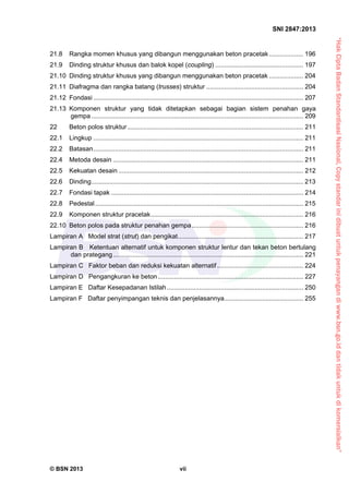 “HakCiptaBadanStandardisasiNasional,Copystandarinidibuatuntukpenayangandiwww.bsn.go.iddantidakuntukdikomersialkan”
SNI 2847:2013
© BSN 2013 vii
21.8  Rangka momen khusus yang dibangun menggunakan beton pracetak................... 196 
21.9  Dinding struktur khusus dan balok kopel (coupling) ................................................. 197 
21.10  Dinding struktur khusus yang dibangun menggunakan beton pracetak ................... 204 
21.11  Diafragma dan rangka batang (trusses) struktur ...................................................... 204 
21.12  Fondasi ..................................................................................................................... 207 
21.13  Komponen struktur yang tidak ditetapkan sebagai bagian sistem penahan gaya
gempa ...................................................................................................................... 209 
22  Beton polos struktur.................................................................................................. 211 
22.1  Lingkup ..................................................................................................................... 211 
22.2  Batasan..................................................................................................................... 211 
22.4  Metoda desain .......................................................................................................... 211 
22.5  Kekuatan desain ....................................................................................................... 212 
22.6  Dinding...................................................................................................................... 213 
22.7  Fondasi tapak ........................................................................................................... 214 
22.8  Pedestal.................................................................................................................... 215 
22.9  Komponen struktur pracetak..................................................................................... 216 
22.10  Beton polos pada struktur penahan gempa.............................................................. 216 
Lampiran A Model strat (strut) dan pengikat...................................................................... 217 
Lampiran B Ketentuan alternatif untuk komponen struktur lentur dan tekan beton bertulang
dan prategang.......................................................................................................... 221 
Lampiran C Faktor beban dan reduksi kekuatan alternatif................................................ 224 
Lampiran D Pengangkuran ke beton................................................................................. 227 
Lampiran E Daftar Kesepadanan Istilah............................................................................ 250 
Lampiran F Daftar penyimpangan teknis dan penjelasannya............................................ 255 
 