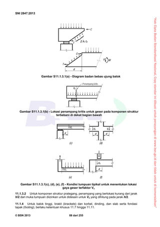 “HakCiptaBadanStandardisasiNasional,Copystandarinidibuatuntukpenayangandiwww.bsn.go.iddantidakuntukdikomersialkan”
SNI 2847:2013
© BSN 2013 88 dari 255
11.1.3.2 Untuk komponen struktur prategang, penampang yang berlokasi kurang dari jarak
h/2 dari muka tumpuan diizinkan untuk didesain untuk Vu yang dihitung pada jarak h/2.
11.1.4 Untuk balok tinggi, brakit (brackets) dan korbel, dinding, dan slab serta fondasi
tapak (footing), berlaku ketentuan khusus 11.7 hingga 11.11.
C
T
 Av fyt
Penampang kritis
C
T
d
MV
Vu
Vu
d
Vu Vu
d d
(f)
(c) (d)
(e)
d
Vu
Vu
Gambar S11.1.3.1(a) - Diagram badan bebas ujung balok
Gambar S11.1.3.1(b) - Lokasi penampang kritis untuk geser pada komponen struktur
terbebani di dekat bagian bawah
Gambar S11.1.3.1(c), (d), (e), (f) - Kondisi tumpuan tipikal untuk menentukan lokasi
gaya geser terfaktor Vu
 