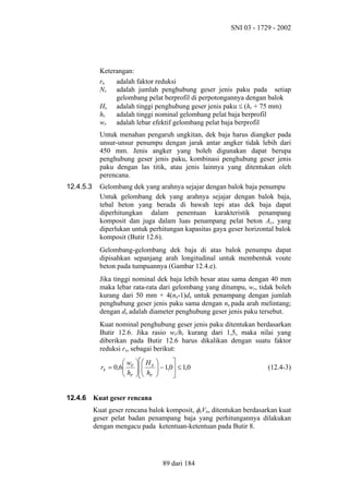 SNI 03 - 1729 - 2002

Keterangan:
rs
adalah faktor reduksi
Nr adalah jumlah penghubung geser jenis paku pada setiap
gelombang pelat berprofil di perpotongannya dengan balok
Hs adalah tinggi penghubung geser jenis paku ≤ (hr + 75 mm)
hr
adalah tinggi nominal gelombang pelat baja berprofil
wr adalah lebar efektif gelombang pelat baja berprofil
Untuk menahan pengaruh ungkitan, dek baja harus diangker pada
unsur-unsur penumpu dengan jarak antar angker tidak lebih dari
450 mm. Jenis angker yang boleh digunakan dapat berupa
penghubung geser jenis paku, kombinasi penghubung geser jenis
paku dengan las titik, atau jenis lainnya yang ditentukan oleh
perencana.
12.4.5.3

Gelombang dek yang arahnya sejajar dengan balok baja penumpu
Untuk gelombang dek yang arahnya sejajar dengan balok baja,
tebal beton yang berada di bawah tepi atas dek baja dapat
diperhitungkan dalam penentuan karakteristik penampang
komposit dan juga dalam luas penampang pelat beton Ac, yang
diperlukan untuk perhitungan kapasitas gaya geser horizontal balok
komposit (Butir 12.6).
Gelombang-gelombang dek baja di atas balok penumpu dapat
dipisahkan sepanjang arah longitudinal untuk membentuk voute
beton pada tumpuannya (Gambar 12.4.e).
Jika tinggi nominal dek baja lebih besar atau sama dengan 40 mm
maka lebar rata-rata dari gelombang yang ditumpu, wr, tidak boleh
kurang dari 50 mm + 4(ns-1)ds untuk penampang dengan jumlah
penghubung geser jenis paku sama dengan ns pada arah melintang;
dengan ds adalah diameter penghubung geser jenis paku tersebut.
Kuat nominal penghubung geser jenis paku ditentukan berdasarkan
Butir 12.6. Jika rasio wr/hr kurang dari 1,5, maka nilai yang
diberikan pada Butir 12.6 harus dikalikan dengan suatu faktor
reduksi rs, sebagai berikut:
w
rs = 0,6 r
h
 r

12.4.6

  H s
 
 h
  r



 − 1,0 ≤ 1,0




(12.4-3)

Kuat geser rencana
Kuat geser rencana balok komposit, φsVn, ditentukan berdasarkan kuat
geser pelat badan penampang baja yang perhitungannya dilakukan
dengan mengacu pada ketentuan-ketentuan pada Butir 8.

89 dari 184

 