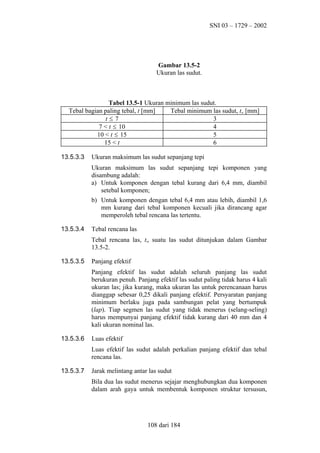 SNI 03 – 1729 – 2002

Gambar 13.5-2
Ukuran las sudut.

Tabel 13.5-1 Ukuran minimum las sudut.
Tebal bagian paling tebal, t [mm]
Tebal minimum las sudut, tw [mm]
t≤7
3
7 < t ≤ 10
4
10 < t ≤ 15
5
15 < t
6
13.5.3.3

Ukuran maksimum las sudut sepanjang tepi
Ukuran maksimum las sudut sepanjang tepi komponen yang
disambung adalah:
a) Untuk komponen dengan tebal kurang dari 6,4 mm, diambil
setebal komponen;
b) Untuk komponen dengan tebal 6,4 mm atau lebih, diambil 1,6
mm kurang dari tebal komponen kecuali jika dirancang agar
memperoleh tebal rencana las tertentu.

13.5.3.4

Tebal rencana las
Tebal rencana las, tt, suatu las sudut ditunjukan dalam Gambar
13.5-2.

13.5.3.5

Panjang efektif
Panjang efektif las sudut adalah seluruh panjang las sudut
berukuran penuh. Panjang efektif las sudut paling tidak harus 4 kali
ukuran las; jika kurang, maka ukuran las untuk perencanaan harus
dianggap sebesar 0,25 dikali panjang efektif. Persyaratan panjang
minimum berlaku juga pada sambungan pelat yang bertumpuk
(lap). Tiap segmen las sudut yang tidak menerus (selang-seling)
harus mempunyai panjang efektif tidak kurang dari 40 mm dan 4
kali ukuran nominal las.

13.5.3.6

Luas efektif
Luas efektif las sudut adalah perkalian panjang efektif dan tebal
rencana las.

13.5.3.7

Jarak melintang antar las sudut
Bila dua las sudut menerus sejajar menghubungkan dua komponen
dalam arah gaya untuk membentuk komponen struktur tersusun,

108 dari 184

 