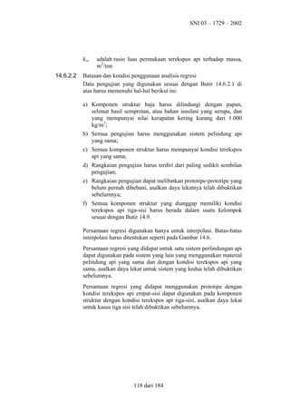 SNI 03 – 1729 – 2002

ksm
14.6.2.2

adalah rasio luas permukaan terekspos api terhadap massa,
m2/ton

Batasan dan kondisi penggunaan analisis regresi
Data pengujian yang digunakan sesuai dengan Butir 14.6.2.1 di
atas harus memenuhi hal-hal berikut ini:
a) Komponen struktur baja harus dilindungi dengan papan,
selimut hasil semprotan, atau bahan insulasi yang serupa, dan
yang mempunyai nilai kerapatan kering kurang dari 1.000
kg/m3;
b) Semua pengujian harus menggunakan sistem pelindung api
yang sama;
c) Semua komponen struktur harus mempunyai kondisi terekspos
api yang sama;
d) Rangkaian pengujian harus terdiri dari paling sedikit sembilan
pengujian;
e) Rangkaian pengujian dapat melibatkan prototipe-prototipe yang
belum pernah dibebani, asalkan daya lekatnya telah dibuktikan
sebelumnya;
f) Semua komponen struktur yang dianggap memiliki kondisi
terekspos api tiga-sisi harus berada dalam suatu kelompok
sesuai dengan Butir 14.9.
Persamaan regresi digunakan hanya untuk interpolasi. Batas-batas
interpolasi harus ditentukan seperti pada Gambar 14.6.
Persamaan regresi yang didapat untuk satu sistem perlindungan api
dapat digunakan pada sistem yang lain yang menggunakan material
pelindung api yang sama dan dengan kondisi terekspos api yang
sama, asalkan daya lekat untuk sistem yang kedua telah dibuktikan
sebelumnya.
Persamaan regresi yang didapat menggunakan prototipe dengan
kondisi terekspos api empat-sisi dapat digunakan pada komponen
struktur dengan kondisi terekspos api tiga-sisi, asalkan daya lekat
untuk kasus tiga sisi telah dibuktikan sebelumnya.

118 dari 184

 
