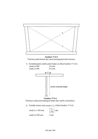 Gambar 17.4-3
Toleransi pada bentuk dari suatu penampang kotak tersusun.
i) Ketidaktepatan sumbu pelat badan (e) (lihat Gambar 17.4-4):
untuk d≤300
3,0 mm
untuk d>300
4,5 mm

Gambar 17.4-4
Toleransi untuk penyimpangan badan dari sumbu nominalnya.
j) Ketidak-rataan suatu sayap ( ∆ f ) (lihat Gambar 17.4-5):
untuk bf ≤ 450 mm
untuk bf>450 mm

 bf 


 150  mm


3 mm

165 dari 184

 