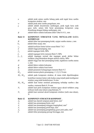 u
w
x

φ
Butir 11

adalah jarak antara sumbu lubang pada arah tegak lurus sumbu
komponen struktur, mm
adalah jarak antar sumbu pengelasan, mm
adalah adalah eksentrisitas sambungan, jarak tegak lurus arah
gaya tarik, antara titik berat penampang komponen yang
disambung dengan bidang sambungan, mm
adalah faktor reduksi kekuatan (lihat Tabel 6.4-1) , mm

B
bf

KOMPONEN STRUKTUR YANG MENGALAMI GAYA
KOMBINASI
adalah lebar luar penampang kotak, sejajar sumbu utama x, mm
adalah lebar sayap, mm

cm
d
fy

adalah koefisien lentur kolom sesuai Butir 7.4.3
adalah tinggi penampang, mm
adalah tegangan leleh, MPa

fcr
fun , fuv

φ
φb
λc
Mp

adalah tegangan kritis menurut Butir 9, MPa
adalah tegangan normal dan tegangan gesek akibat beban
terfaktor yang ditentukan dengan analisis elastis, MPa
adalah tinggi luar dari penampang kotak, tegaklurus sumbu utama
x, mm
adalah faktor reduksi kekuatan
adalah faktor reduksi kuat lentur
adalah parameter kelangsingan menurut Butir 9.2
adalah momen plastis penampang ≤ 1,5 fy S, N-mm

Mux, M uy

adalah pada komponen struktur, di mana telah diperhitungkan

Mnx, M ny

kontribusi momen lentur orde kedua yang terjadi pada konfigurasi
struktur yang telah berdeformasi, N-mm
adalah kuat lentur nominal penampang terhadap sumbu-x dan

H

Nu
Nn
Butir 12
AB
Ac
Ar
As
Asc
b

sumbu-y menurut Butir 8, N-mm
adalah kuat perlu komponen struktur (gaya aksial terfaktor yang
terbesar (tarik atau tekan) yang bekerja), N
adalah kuat nominal aksial komponen struktur (tarik atau tekan),
N
KOMPONEN STRUKTUR KOMPOSIT
adalah luas daerah tumpuan pada beton, mm2
adalah luas penampang beton, mm2
adalah luas penampang tulangan longitudinal, mm2
adalah luas penampang profil baja, mm2
adalah luas penampang penghubung geser jenis paku, mm2
adalah lebar penampang persegi berongga, mm

7 dari 12 - DAFTAR NOTASI

 