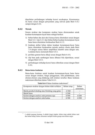 SNI 03 – 1729 – 2002

diperlukan perlindungan terhadap korosi secukupnya. Kesemuanya
itu harus sesuai dengan persyaratan yang relevan pada Butir 6.4.2
sampai dengan 6.4.6.
6.4.2

Metode
Sistem struktur dan komponen struktur harus direncanakan untuk
keadaan kemampuan-layan batas sebagai berikut:
1) beban-beban dan aksi-aksi lainnya harus ditentukan sesuai dengan
Butir 6.2.1 dan 6.2.3 dan beban-beban keadaan kemampuan-layan
batas harus ditentukan berdasarkan Butir 6.2.2;
2) lendutan akibat beban dalam keadaan kemampuan-layan batas
harus ditentukan berdasarkan metode analisis elastis pada Butir
7.4 dengan semua faktor amplifikasi diambil sama dengan satu.
Lendutan harus memenuhi Butir 6.4.3;
3) perilaku getaran harus dikaji sesuai dengan Butir 6.4.4;
4) slip baut pada sambungan harus dibatasi bila diperlukan, sesuai
dengan Butir 6.4.5;
5) perlindungan terhadap korosi harus diberikan sesuai dengan Butir
6.4.6.

6.4.3

Batas-batas lendutan
Batas-batas lendutan untuk keadaan kemampuan-layan batas harus
sesuai dengan struktur, fungsi penggunaan, sifat pembebanan, serta
elemen-elemen yang didukung oleh struktur tersebut. Batas lendutan
maksimum diberikan dalam Tabel 6.4-1.
Tabel 6.4-1 Batas lendutan maksimum1.
Komponen struktur dengan beban tidak terfaktor
Balok pemikul dinding atau finishing yang getas
Balok biasa
Kolom dengan analisis orde pertama saja
Kolom dengan analisis orde kedua

1

Beban tetap
L/360
L/240
h/500
h/300

Beban
sementara
h/200
h/200

L adalah panjang bentang, h adalah tinggi tingkat, beban tetap adalah beban mati
dan beban hidup, beban sementara meliputi beban gempa atau beban angin.

15 dari 184

 