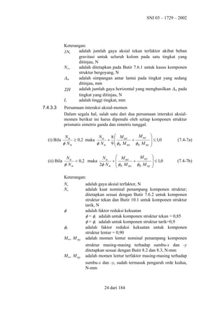 SNI 03 – 1729 – 2002

Keterangan:
adalah jumlah gaya aksial tekan terfaktor akibat beban
ΣΝu
gravitasi untuk seluruh kolom pada satu tingkat yang
ditinjau, N
adalah ditetapkan pada Butir 7.6.1 untuk kasus komponen
Ncrs
struktur bergoyang, N
∆oh
adalah simpangan antar lantai pada tingkat yang sedang
ditinjau, mm
adalah jumlah gaya horizontal yang menghasilkan ∆oh pada
ΣΗ
tingkat yang ditinjau, N
L
adalah tinggi tingkat, mm
7.4.3.3

Persamaan interaksi aksial-momen
Dalam segala hal, salah satu dari dua persamaan interaksi aksialmomen berikut ini harus dipenuhi oleh setiap komponen struktur
prismatis simetris ganda dan simetris tunggal.

(i) Bila

M uy
Nu
Nu
8  M ux
≥ 0,2 maka
+ 
+
φ Nn
φ N n 9  φ b M nx φ b M ny


(ii) Bila

 M ux
M uy
Nu
Nu
< 0,2 maka
+
+
φ Nn
2φ N n  φ b M nx φ b M ny



 ≤ 1,0



 ≤ 1,0



(7.4-7a)

(7.4-7b)

Keterangan:
Nu
Nn

Mnx, M ny

adalah gaya aksial terfaktor, N
adalah kuat nominal penampang komponen struktur;
ditetapkan sesuai dengan Butir 7.6.2 untuk komponen
struktur tekan dan Butir 10.1 untuk komponen struktur
tarik, N
adalah faktor reduksi kekuatan
φ = φc adalah untuk komponen struktur tekan = 0,85
φ = φt adalah untuk komponen struktur tarik=0,9
adalah faktor reduksi kekuatan untuk komponen
struktur lentur = 0,90
adalah momen lentur nominal penampang komponen

Mux, M uy

struktur masing-masing terhadap sumbu-x dan -y
ditetapkan sesuai dengan Butir 8.2 dan 8.3, N-mm
adalah momen lentur terfaktor masing-masing terhadap

φ
φb

sumbu-x dan -y, sudah termasuk pengaruh orde kedua,
N-mm

24 dari 184

 