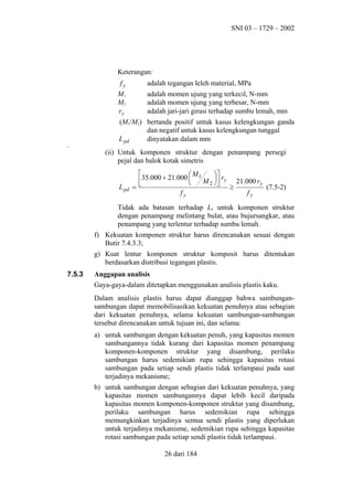 SNI 03 – 1729 – 2002

Keterangan:
fy
M1
M2
ry

.

adalah tegangan leleh material, MPa
adalah momen ujung yang terkecil, N-mm
adalah momen ujung yang terbesar, N-mm
adalah jari-jari girasi terhadap sumbu lemah, mm

(M1/M2) bertanda positif untuk kasus kelengkungan ganda
dan negatif untuk kasus kelengkungan tunggal
L pd
dinyatakan dalam mm
(ii) Untuk komponen struktur dengan penampang persegi
pejal dan balok kotak simetris

L pd


 M1
 r
35.000 + 21.000 
M 2  y 21.000 ry


=
≥
(7.5-2)
fy
fy

Tidak ada batasan terhadap Lb untuk komponen struktur
dengan penampang melintang bulat, atau bujursangkar, atau
penampang yang terlentur terhadap sumbu lemah.
f) Kekuatan komponen struktur harus direncanakan sesuai dengan
Butir 7.4.3.3;
g) Kuat lentur komponen struktur komposit harus ditentukan
berdasarkan distribusi tegangan plastis.
7.5.3

Anggapan analisis
Gaya-gaya-dalam ditetapkan menggunakan analisis plastis kaku.
Dalam analisis plastis harus dapat dianggap bahwa sambungansambungan dapat memobilisasikan kekuatan penuhnya atau sebagian
dari kekuatan penuhnya, selama kekuatan sambungan-sambungan
tersebut direncanakan untuk tujuan ini, dan selama:
a) untuk sambungan dengan kekuatan penuh, yang kapasitas momen
sambungannya tidak kurang dari kapasitas momen penampang
komponen-komponen struktur yang disambung, perilaku
sambungan harus sedemikian rupa sehingga kapasitas rotasi
sambungan pada setiap sendi plastis tidak terlampaui pada saat
terjadinya mekanisme;
b) untuk sambungan dengan sebagian dari kekuatan penuhnya, yang
kapasitas momen sambungannya dapat lebih kecil daripada
kapasitas momen komponen-komponen struktur yang disambung,
perilaku sambungan harus sedemikian rupa sehingga
memungkinkan terjadinya semua sendi plastis yang diperlukan
untuk terjadinya mekanisme, sedemikian rupa sehingga kapasitas
rotasi sambungan pada setiap sendi plastis tidak terlampaui.
26 dari 184

 