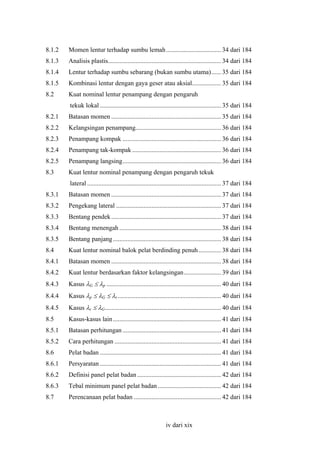 8.1.2

Momen lentur terhadap sumbu lemah .................................. 34 dari 184

8.1.3

Analisis plastis...................................................................... 34 dari 184

8.1.4

Lentur terhadap sumbu sebarang (bukan sumbu utama)...... 35 dari 184

8.1.5

Kombinasi lentur dengan gaya geser atau aksial.................. 35 dari 184

8.2

Kuat nominal lentur penampang dengan pengaruh
tekuk lokal ........................................................................... 35 dari 184

8.2.1

Batasan momen .................................................................... 35 dari 184

8.2.2

Kelangsingan penampang..................................................... 36 dari 184

8.2.3

Penampang kompak ............................................................. 36 dari 184

8.2.4

Penampang tak-kompak ....................................................... 36 dari 184

8.2.5

Penampang langsing............................................................. 36 dari 184

8.3

Kuat lentur nominal penampang dengan pengaruh tekuk
lateral ................................................................................... 37 dari 184

8.3.1

Batasan momen .................................................................... 37 dari 184

8.3.2

Pengekang lateral ................................................................. 37 dari 184

8.3.3

Bentang pendek .................................................................... 37 dari 184

8.3.4

Bentang menengah ............................................................... 38 dari 184

8.3.5

Bentang panjang ................................................................... 38 dari 184

8.4

Kuat lentur nominal balok pelat berdinding penuh .............. 38 dari 184

8.4.1

Batasan momen .................................................................... 38 dari 184

8.4.2

Kuat lentur berdasarkan faktor kelangsingan....................... 39 dari 184

8.4.3

Kasus λG ≤ λp ....................................................................... 40 dari 184

8.4.4

Kasus λp ≤ λG ≤ λr ................................................................ 40 dari 184

8.4.5

Kasus λr ≤ λG ........................................................................ 40 dari 184

8.5

Kasus-kasus lain ................................................................... 41 dari 184

8.5.1

Batasan perhitungan ............................................................. 41 dari 184

8.5.2

Cara perhitungan .................................................................. 41 dari 184

8.6

Pelat badan ........................................................................... 41 dari 184

8.6.1

Persyaratan ........................................................................... 41 dari 184

8.6.2

Definisi panel pelat badan .................................................... 42 dari 184

8.6.3

Tebal minimum panel pelat badan ....................................... 42 dari 184

8.7

Perencanaan pelat badan ...................................................... 42 dari 184

iv dari xix

 