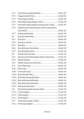 8.7.1

Pelat badan yang tidak diperkaku......................................... 42 dari 184

8.7.2

Pengaku pemikul beban........................................................ 43 dari 184

8.7.3

Pelat penguat samping.......................................................... 43 dari 184

8.7.4

Pelat badan dengan pengaku vertikal ................................... 43 dari 184

8.7.5

Pelat badan dengan pengaku memanjang dan vertikal......... 43 dari 184

8.7.6

Ketebalan pelat untuk komponen struktur yang dianalisis
secara plastis ......................................................................... 44 dari 184

8.7.7

Lubang di pelat badan .......................................................... 45 dari 184

8.8

Kuat geser pelat badan ......................................................... 45 dari 184

8.8.1

Kuat geser............................................................................. 45 dari 184

8.8.2

Kuat geser nominal............................................................... 45 dari 184

8.8.3

Kuat geser............................................................................. 46 dari 184

8.8.4

Kuat tekuk geser elasto-plastis ............................................. 46 dari 184

8.8.5

Kuat tekuk geser elastis........................................................ 47 dari 184

8.9

Interaksi geser dan lentur ..................................................... 47 dari 184

8.9.1

Kuat geser pelat badan dengan adanya momen lentur ......... 47 dari 184

8.9.2

Metode distribusi.................................................................. 47 dari 184

8.9.3

Metode interaksi geser dan lentur ........................................ 48 dari 184

8.10

Gaya tekan tumpu................................................................. 48 dari 184

8.10.1

Kuat tumpu ........................................................................... 48 dari 184

8.10.2

Lentur pelat sayap ................................................................ 49 dari 184

8.10.3

Kuat leleh pelat badan .......................................................... 49 dari 184

8.10.4

Kuat tekuk dukung pelat badan ............................................ 49 dari 184

8.10.5

Kuat tekuk lateral pelat badan .............................................. 50 dari 184

8.10.6

Kuat tekuk lentur pelat badan............................................... 50 dari 184

8.10.7

Kuat geser daerah panel ....................................................... 50 dari 184

8.11

Perencanaan pengaku penumpu beban................................. 51 dari 184

8.11.1

Ukuran pengaku ................................................................... 51 dari 184

8.11.2

Lebar pengaku ...................................................................... 51 dari 184

8.11.3

Tebal pengaku ...................................................................... 51 dari 184

8.12

Perencanaan pengaku vertikal .............................................. 51 dari 184

8.12.1

Pemasangan pengaku ........................................................... 51 dari 184

v dari xix

 
