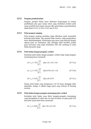 SNI 03 – 1729 – 2002

8.7.2

Pengaku pemikul beban
Pengaku pemikul beban harus diberikan berpasangan di tempat
pembebanan jika gaya tumpu tekan yang disalurkan melalui pelat
sayap melebihi kuat tumpu rencana (φRb) pelat badan yang ditentukan
dalam Butir 8.10.3, 8.10.4, 8.10.5 atau 8.10.6.

8.7.3

Pelat penguat samping
Pelat penguat samping tambahan dapat diberikan untuk menambah
kekuatan pelat badan. Jika menjadi tidak simetris, maka pengaruhnya
harus dipertimbangkan. Perhitungan gaya geser yang diterima dengan
adanya pelat ini sedemikian rupa sehingga tidak melebihi jumlah
gaya horisontal yang dapat disalurkan oleh alat sambung ke pelat
badan dan pelat sayap.

8.7.4

Pelat badan dengan pengaku vertikal
Ketebalan pelat badan dengan pengaku vertikal tetapi tanpa pengaku
memanjang harus memenuhi
(h / t w ) ≤ 7,07

E
fy

jika 1,0 ≤ a/h ≤ 3,0

(8.7-2.a)

(a / t w ) ≤ 7,07

E
fy

jika 0,74≤ a/h ≤ 1,0

(8.7-2.b)

(h / t w ) ≤ 9,55

E
fy

jika a/h≤ 0,74

(8.7-2.c)

Semua pelat badan yang mempunyai a/h>3,0 harus dianggap tidak
diperkaku, dengan h adalah tinggi panel yang terbesar di bentang
tersebut.
8.7.5

Pelat badan dengan pengaku memanjang dan vertikal
Ketebalan pelat badan yang diberi pengaku-pengaku memanjang
yang ditempatkan di salah satu sisi atau di kedua sisi pada jarak 0,2h
dari pelat sayap tekan harus memenuhi:
(h / t w ) ≤ 8,83

E
jika 1,0≤ a/h ≤3,0
fy

43 dari 184

(8.7-3.a)

 
