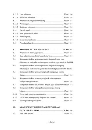 8.12.2

Luas minimum...................................................................... 52 dari 184

8.12.3

Kekakuan minimum ............................................................. 52 dari 184

8.13

Perencanaan pengaku memanjang........................................ 52 dari 184

8.13.1

Pemasangan .......................................................................... 52 dari 184

8.13.2

Kekakuan minimum ............................................................. 53 dari 184

8.14

Daerah panel......................................................................... 53 dari 184

8.14.1

Kuat geser daerah panel ....................................................... 53 dari 184

8.14.2

Perhitungan Rv ...................................................................... 53 dari 184

8.14.3

Syarat pelat perkuatan .......................................................... 54 dari 184

8.15

Pengekang lateral ................................................................. 54 dari 184

9.

KOMPONEN STRUKTUR TEKAN .............................. 55 dari 184

9.1

Perencanaan akibat gaya tekan............................................. 55 dari 184

9.2

Kuat tekan rencana akibat tekuk lentur-torsi........................ 55 dari 184

9.3

Komponen struktur tersusun prismatis dengan elemen yang
dihubungkan oleh pelat melintang dan memikul gaya sentris56 dari 184

9.4

Komponen struktur tersusun prismatis dengan elemen yang
dihubungkan oleh unsur diagonal dan memikul gaya sentris 60 dari 9.5

9.5

Komponen struktur tersusun yang tidak mempunyai sumbu
bahan.................................................................................... 61 dari 184

9.6

Komponen struktur tersusun yang jarak antaranya sama
dengan tebal pelat kopel ...................................................... 63 dari 184

9.7

Komponen struktur tak-prismatis dengan gaya tekan sentris64 dari 184

9.8

Komponen struktur tekan pada struktur rangka batang
bidang ................................................................................... 67 dari 184

9.8.1

Tekan pada komponen struktur tepi ..................................... 67 dari 184

9.8.2

Tekan pada batang-batang diagonal dan vertikal ................. 68 dari 184

9.9

Kolom pada bangunan portal ............................................... 69 dari 184

10.

KOMPONEN STRUKTUR YANG MENGALAMI
GAYA TARIK AKSIAL .................................................. 70 dari 184

10.1

Kuat tarik rencana ................................................................ 70 dari 184

vi dari xix

 