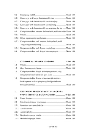10.2

Penampang efektif................................................................ 70 dari 184

10.2.1

Kasus gaya tarik hanya disalurkan oleh baut ....................... 71 dari 184

10.2.2

Kasus gaya tarik disalurkan oleh las memanjang................. 71 dari 184

10.2.3

Kasus gaya tarik disalurkan oleh las melintang ................... 72 dari 184

10.2.4

Kasus gaya tarik disalurkan oleh las sepanjang dua sisi ...... 72 dari 184

10.3

Komponen struktur tersusun dari dua buah profil atau lebih72 dari 184

10.3.1

Umum................................................................................... 72 dari 184

10.3.2

Beban rencana untuk sambungan ......................................... 72 dari 184

10.3.3

Komponen struktur tarik tersusun dari dua buah profil
yang saling membelakangi .................................................. 73 dari 184

10.3.4

Komponen struktur tarik dengan penghubung ..................... 73 dari 184

10.4

Komponen struktur tarik dengan sambungan pen................ 74 dari 184

11.

KOMPONEN STRUKTUR KOMPOSIT ...................... 75 dari 184

11.1

Umum................................................................................... 75 dari 184

11.2

Gaya dan momen terfaktor ................................................... 75 dari 184

11.3

Komponen struktur dengan penampang simetris yang
mengalami momen lentur dan gaya aksial ........................... 75 dari 184

11.4

Komponen struktur dengan penampang tak-simetris,
dan komponen struktur yang mengalami pembebanan
torsi dan kombinasi............................................................... 78 dari 184

12.

KETENTUAN PERENCANAAN TAHAN GEMPA
UNTUK STRUKTUR BANGUNAN BAJA ................... 80 dari 184

12.1

Ruang lingkup ...................................................................... 80 dari 184

12.2

Prinsip-prinsip dasar perencanaan........................................ 80 dari 184

12.2.1

Penentuan gaya yang bekerja ............................................... 80 dari 184

12.2.2

Analisis elastis...................................................................... 80 dari 184

12.2.3

Analisis plastis...................................................................... 80 dari 184

12.2.4

Distribusi tegangan plastis.................................................... 80 dari 184

12.2.5

Distribusi tegangan elastis.................................................... 81 dari 184

vii dari xix

 