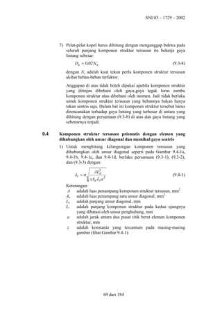 SNI 03 – 1729 – 2002

7) Pelat-pelat kopel harus dihitung dengan menganggap bahwa pada
seluruh panjang komponen struktur tersusun itu bekerja gaya
lintang sebesar:
Du = 0,02 N u

(9.3-8)

dengan Nu adalah kuat tekan perlu komponen struktur tersusun
akibat beban-beban terfaktor.
Anggapan di atas tidak boleh dipakai apabila komponen struktur
yang ditinjau dibebani oleh gaya-gaya tegak lurus sumbu
komponen struktur atau dibebani oleh momen. Jadi tidak berlaku
untuk komponen struktur tersusun yang bebannya bukan hanya
tekan sentris saja. Dalam hal ini komponen struktur tersebut harus
direncanakan terhadap gaya lintang yang terbesar di antara yang
dihitung dengan persamaan (9.3-8) di atas dan gaya lintang yang
sebenarnya terjadi.
9.4

Komponen struktur tersusun prismatis dengan elemen yang
dihubungkan oleh unsur diagonal dan memikul gaya sentris
1) Untuk menghitung kelangsingan komponen tersusun yang
dihubungkan oleh unsur diagonal seperti pada Gambar 9.4-1a,
9.4-1b, 9.4-1c, dan 9.4-1d, berlaku persamaan (9.3-1), (9.3-2),
dan (9.3-3) dengan:

λl = π

AL3
d
zAd Ll a 2

(9.4-1)

Keterangan:
A
adalah luas penampang komponen struktur tersusun, mm2
Ad
adalah luas penampang satu unsur diagonal, mm2
Ld
adalah panjang unsur diagonal, mm
Ll
adalah panjang komponen struktur pada kedua ujungnya
yang dibatasi oleh unsur penghubung, mm
a
adalah jarak antara dua pusat titik berat elemen komponen
struktur, mm
z
adalah konstanta yang tercantum pada masing-masing
gambar (lihat Gambar 9.4-1)

60 dari 184

 