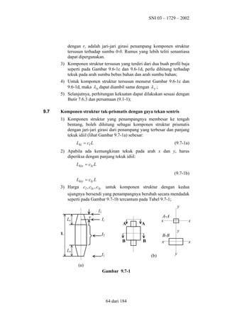 SNI 03 – 1729 – 2002

dengan ro adalah jari-jari girasi penampang komponen struktur
tersusun terhadap sumbu 0-0. Rumus yang lebih teliti senantiasa
dapat dipergunakan.
3) Komponen struktur tersusun yang terdiri dari dua buah profil baja
seperti pada Gambar 9.6-1c dan 9.6-1d, perlu dihitung terhadap
tekuk pada arah sumbu bebas bahan dan arah sumbu bahan;
4) Untuk komponen struktur tersusun menurut Gambar 9.6-1c dan
9.6-1d, maka λiy dapat diambil sama dengan λ y ;
5) Selanjutnya, perhitungan kekuatan dapat dilakukan sesuai dengan
Butir 7.6.3 dan persamaan (9.1-1);
9.7

Komponen struktur tak-prismatis dengan gaya tekan sentris
1) Komponen struktur yang penampangnya membesar ke tengah
bentang, boleh dihitung sebagai komponen struktur prismatis
dengan jari-jari girasi dari penampang yang terbesar dan panjang
tekuk idiil (lihat Gambar 9.7-1a) sebesar:
Lki = cl L

(9.7-1a)

2) Apabila ada kemungkinan tekuk pada arah x dan y, harus
diperiksa dengan panjang tekuk idiil:
Lkix = clx L
(9.7-1b)
Lkiy = cly L
3) Harga cl , clx , cly

untuk komponen struktur dengan kedua

ujungnya bersendi yang penampangnya berubah secara mendadak
seperti pada Gambar 9.7-1b tercantum pada Tabel 9.7-1;
y

I1
z

Le
L

Iz

A

A-A
x

A

I2
B
Le

I1
Gambar 9.7-1

64 dari 184

y

B-B
x

B
(b)

(a)

x

x
y

 