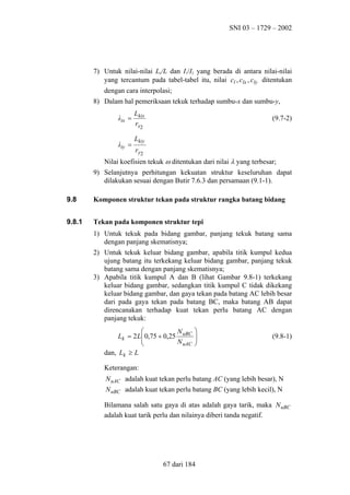 SNI 03 – 1729 – 2002

7) Untuk nilai-nilai Le/L dan I1/I2 yang berada di antara nilai-nilai
yang tercantum pada tabel-tabel itu, nilai cl , clx , cly ditentukan
dengan cara interpolasi;
8) Dalam hal pemeriksaan tekuk terhadap sumbu-x dan sumbu-y,
λix =
λiy =

Lkix
rx2

(9.7-2)

Lkiy
r y2

Nilai koefisien tekuk ω ditentukan dari nilai λ yang terbesar;
9) Selanjutnya perhitungan kekuatan struktur keseluruhan dapat
dilakukan sesuai dengan Butir 7.6.3 dan persamaan (9.1-1).
9.8

Komponen struktur tekan pada struktur rangka batang bidang

9.8.1

Tekan pada komponen struktur tepi
1) Untuk tekuk pada bidang gambar, panjang tekuk batang sama
dengan panjang skematisnya;
2) Untuk tekuk keluar bidang gambar, apabila titik kumpul kedua
ujung batang itu terkekang keluar bidang gambar, panjang tekuk
batang sama dengan panjang skematisnya;
3) Apabila titik kumpul A dan B (lihat Gambar 9.8-1) terkekang
keluar bidang gambar, sedangkan titik kumpul C tidak dikekang
keluar bidang gambar, dan gaya tekan pada batang AC lebih besar
dari pada gaya tekan pada batang BC, maka batang AB dapat
direncanakan terhadap kuat tekan perlu batang AC dengan
panjang tekuk:

N
Lk = 2 L 0,75 + 0,25 uBC

N uAC

dan, Lk ≥ L






(9.8-1)

Keterangan:
N uAC adalah kuat tekan perlu batang AC (yang lebih besar), N
N uBC adalah kuat tekan perlu batang BC (yang lebih kecil), N
Bilamana salah satu gaya di atas adalah gaya tarik, maka N uBC
adalah kuat tarik perlu dan nilainya diberi tanda negatif.

67 dari 184

 