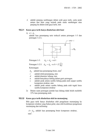 SNI 03 – 1729 – 2002

L

10.2.1

adalah panjang sambungan dalam arah gaya tarik, yaitu jarak
antara dua baut yang terjauh pada suatu sambungan atau
panjang las dalam arah gaya tarik, mm

Kasus gaya tarik hanya disalurkan oleh baut
1) A = Ant
adalah luas penampang neto terkecil antara potongan 1-3 dan
potongan 1-2-3,
tebal = t

1

u

Nu

2

u

Nu

3

s

Potongan 1-3:

Ant = Ag - n d t

2
Potongan 1-2-3: Ant = Ag - n d t + Σ s t
4u
Keterangan:

Ag
t
d
n
s
u
2)

10.2.2

adalah luas penampang bruto, mm2
adalah tebal penampang, mm
adalah diameter lubang, mm
adalah banyaknya lubang dalam garis potongan
adalah jarak antara sumbu lubang pada arah sejajar sumbu
komponen struktur, mm
adalah jarak antara sumbu lubang pada arah tegak lurus
sumbu komponen struktur

Dalam suatu potongan jumlah luas lubang tidak boleh melebihi
15% luas penampang utuh.

Kasus gaya tarik disalurkan oleh las memanjang
Bila gaya tarik hanya disalurkan oleh pengelasan memanjang ke
komponen struktur yang bukan pelat, atau oleh kombinasi pengelasan
memanjang dan melintang:
A = Ag , adalah luas penampang bruto komponen struktur,
mm2.

71 dari 184

 