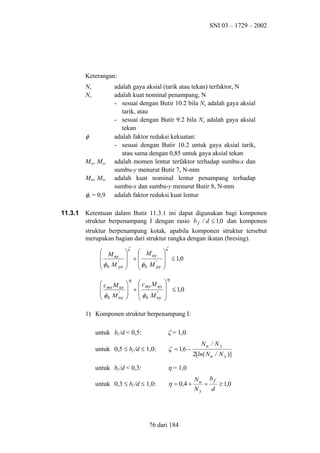 SNI 03 – 1729 – 2002

Keterangan:
Nu
Nn

φ

Mux, Muy
Mnx, Mny

φb = 0,9
11.3.1

adalah gaya aksial (tarik atau tekan) terfaktor, N
adalah kuat nominal penampang, N
- sesuai dengan Butir 10.2 bila Nu adalah gaya aksial
tarik, atau
- sesuai dengan Butir 9.2 bila Nu adalah gaya aksial
tekan
adalah faktor reduksi kekuatan:
- sesuai dengan Butir 10.2 untuk gaya aksial tarik,
atau sama dengan 0,85 untuk gaya aksial tekan
adalah momen lentur terfaktor terhadap sumbu-x dan
sumbu-y menurut Butir 7, N-mm
adalah kuat nominal lentur penampang terhadap
sumbu-x dan sumbu-y menurut Butir 8, N-mm
adalah faktor reduksi kuat lentur

Ketentuan dalam Butir 11.3.1 ini dapat digunakan bagi komponen
struktur berpenampang I dengan rasio b f / d ≤ 1,0 dan komponen
struktur berpenampang kotak, apabila komponen struktur tersebut
merupakan bagian dari struktur rangka dengan ikatan (bresing).
ζ

ζ

 M
ux

φ M '
 b px



 +  M uy

φ M '

 b py


 ≤ 1,0



 c mx M ux

φ M'
 b nx

η
c M

 +  my uy

φ M'

 b ny


 ≤ 1,0



η

1) Komponen struktur berpenampang I:
untuk bf /d < 0,5:

ζ = 1,0

untuk 0,5 ≤ bf /d ≤ 1,0:

ζ = 1,6 −

untuk bf /d < 0,3:

η = 1,0

untuk 0,3 ≤ bf /d ≤ 1,0:

η = 0,4 +

76 dari 184

Nu / N y
2[ln( N u / N y )]
Nu b f
+
≥ 1,0
Ny
d

 