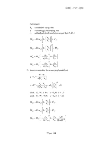 SNI 03 – 1729 – 2002

Keterangan:
bf

adalah lebar sayap, mm

d
cm

adalah tinggi penampang, mm
adalah koefisien lentur kolom sesuai Butir 7.4.3.1

 N
M 'px = 1,2 M px 1 −  u
  Ny
 
M 'py

 
N
= 1,2 M py 1 −  u
 Ny

 


 ≤ M px







2

≤M
py




Nu
'
M nx = M nx 1 −
 φ N
c n



N
1 − u
 N
crx








Nu
'
M ny = M ny 1 −
 φ N
c n



N
1 − u
 N
cry







2) Komponen struktur berpenampang kotak (box):

ζ = 1,7 −

η = 1,7 −

Nu / N y

(

ln N u / N y
Nu / N y

(

ln N u / N y

)
)

N
− aλ x  u
 Ny


b


 > 1,1



untuk N u / N y ≤ 0,4:

a = 0,06 b = 1,0

untuk N u / N y > 0,4:

a = 0,15 b = 2,0

 N 
M 'px = 1,2M px 1 − u  ≤ M px
 Ny 


 N 
M 'py = 1,2 M py 1 − u  ≤ M py
 Ny 



Nu
'
M nx = M nx 1 −
 φ N
c n



N
1,25 

1 − u
 N
(B / H )1/ 3 
crx



77 dari 184

 