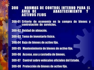 23
300 NORMAS DE CONTROL INTERNO PARA EL
ÁREA DE ABASTECIMIENTO Y
ACTIVOS FIJOS
300-01 Criterio de economía en la compra de bienes y
contratación de servicios.
300-02 Unidad de almacén.
300-03 Toma de inventario físico.
300-04 Baja de bienes de activo fijo.
300-05 Mantenimiento de bienes de activo fijo.
300-06 Acceso, uso y custodia de bienes.
300-07 Control sobre vehículos oficiales del Estado.
300-08 Protección de bienes de activo fijo.
 