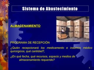 9
ALMACENAMIENTOALMACENAMIENTO
PROGRAMA DE RECEPCIÓN
¿Quién recepcionará los medicamento e insumos médico
quirúrgicos, qué cantidad?,
¿En qué fecha, qué recursos, espacio y medios de
almacenamiento requerido?
Sistema de Abastecimiento
 