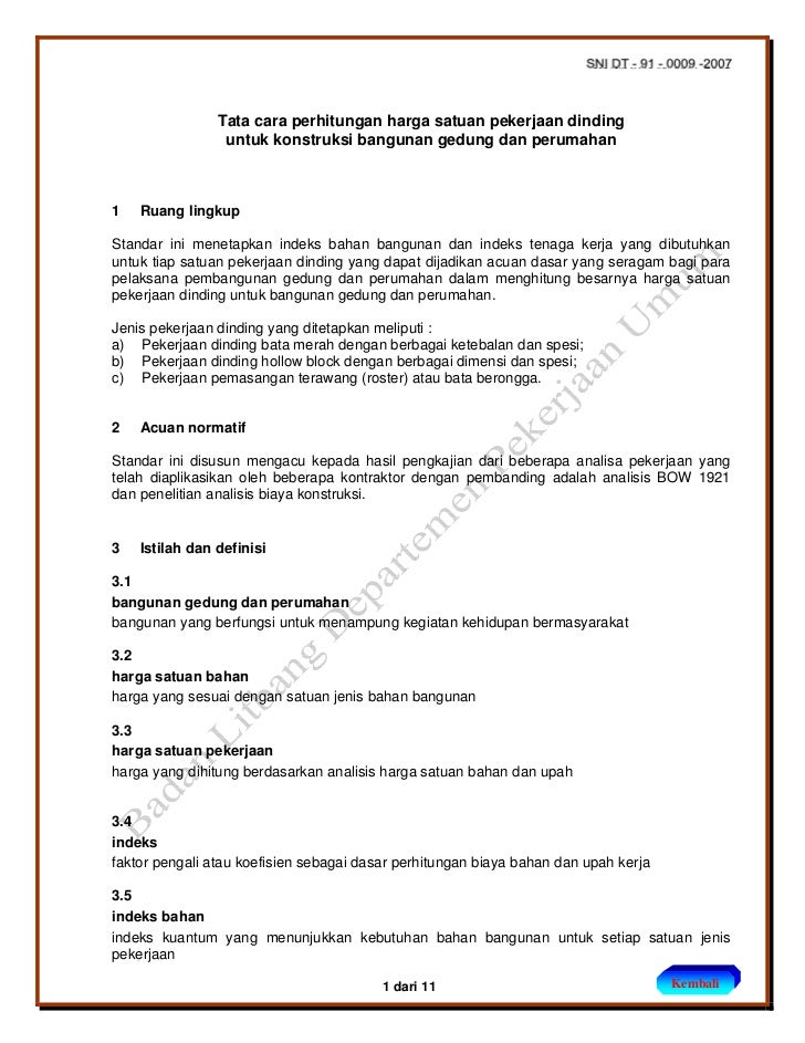 Sni dt 91 0009 2007 tata cara perhitungan ihargai satuan Sni dt 91 0009 2007 tata cara perhitungan ihargai satuan