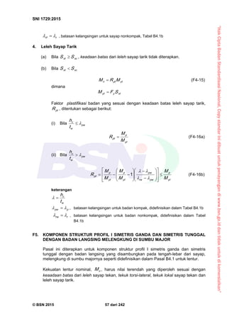 “HakCiptaBadanStandardisasiNasional,Copystandarinidibuatuntukpenayangandiwww.bsn.go.iddantidakuntukdikomersialkan”
SNI 1729:2015
© BSN 2015 57 dari 242
rrf
  , batasan kelangsingan untuk sayap nonkompak, Tabel B4.1b
4. Leleh Sayap Tarik
(a) Bila xcxt SS  , keadaan batas dari leleh sayap tarik tidak diterapkan.
(b) Bila xcxt SS 
ytptn MRM  (F4-15)
dimana
xtyyt SFM 
Faktor plastifikasi badan yang sesuai dengan keadaan batas leleh sayap tarik,
ptR , ditentukan sebagai berikut:
(i) Bila p w
w
c
t
h 
yt
p
pt
M
M
R  (F4-16a)
(ii) Bila p w
w
c
t
h 
yt
p
p wr w
p w
yt
p
yt
p
pt
M
M
M
M
M
M
R 




























1
(F4-16b)
keterangan
w
c
t
h
pp w
  , batasan kelangsingan untuk badan kompak, didefinisikan dalam Tabel B4.1b
rr w
  , batasan kelangsingan untuk badan nonkompak, didefinisikan dalam Tabel
B4.1b
F5. KOMPONEN STRUKTUR PROFIL I SIMETRIS GANDA DAN SIMETRIS TUNGGAL
DENGAN BADAN LANGSING MELENGKUNG DI SUMBU MAJOR
Pasal ini diterapkan untuk komponen struktur profil I simetris ganda dan simetris
tunggal dengan badan langsing yang disambungkan pada tengah-lebar dari sayap,
melengkung di sumbu majornya seperti didefinisikan dalam Pasal B4.1 untuk lentur.
Kekuatan lentur nominal, nM , harus nilai terendah yang diperoleh sesuai dengan
keaadaan batas dari leleh sayap tekan, tekuk torsi-lateral, tekuk lokal sayap tekan dan
leleh sayap tarik.
 