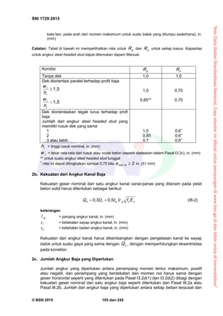 “HakCiptaBadanStandardisasiNasional,Copystandarinidibuatuntukpenayangandiwww.bsn.go.iddantidakuntukdikomersialkan”
SNI 1729:2015
© BSN 2015 105 dari 242
kata lain, pada arah dari momen maksimum untuk suatu balok yang ditumpu sederhana), in.
(mm)
Catatan: Tabel di bawah ini memperlihatkan nilai untuk gR dan pR untuk setiap kasus. Kapasitas
untuk angkur steel headed stud dapat ditemukan dapam Manual.
Kondisi gR pR
Tanpa dek 1,0 1,0
Dek diorientasi paralel terhadap profil baja
1 , 5

r
r
h
w
1 , 5

r
r
h
w
1,0
0,85**
0,75
0,75
Dek diorientaskan tegak lurus terhadap profl
baja
Jumlah dari angkur steel headed stud yang
memiliki rusuk dek yang sama
1
2
3 atau lebih
1,0
0,85
0,7
0,6+
0,6+
0,6+
rh = tinggi rusuk nominal, in. (mm)
rw = lebar rata-rata dari rusuk atau voute beton (seperti dijelaskan dalam Pasal I3.2c), in. (mm)
** untuk suatu angkur steel headed stud tunggal
+
nilai ini dapat ditingkatkan sampai 0,75 bila
2
ht-m ide in. (51 mm)
2b. Kekuatan dari Angkur Kanal Baja
Kekuatan geser nominal dari satu angkur kanal canai-panas yang ditanam pada pelat
beton solid harus ditentukan sebagai berikut:
  c
'
cawfn EfttQ 
0 , 50 , 3
 (I8-2)
keterangan
a
 = panjang angkur kanal, in. (mm)
ft = ketebalan sayap angkur kanal, in. (mm)
wt = ketebalan badan angkur kanal, in. (mm)
Kekuatan dari angkur kanal harus dikembangkan dengan pengelasan kanal ke sayap
balok untuk suatu gaya yang sama dengan nQ , dengan memperhitungkan eksentrisitas
pada konektor.
2c. Jumlah Angkur Baja yang Diperlukan
Jumlah angkur yang diperlukan antara penampang momen lentur maksimum, positif
atau negatif, dan penampang yang berdekatan dari momen nol harus sama dengan
geser horizontal seperti yang ditentukan pada Pasal I3.2d(1) dan I3.2d(2) dibagi dengan
kekuatan geser nominal dari satu angkur baja seperti ditentukan dari Pasal I8.2a atau
Pasal I8.2b. Jumlah dari angkur baja yang diperlukan antara setiap beban terpusat dan
 