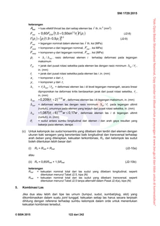 “HakCiptaBadanStandardisasiNasional,Copystandarinidibuatuntukpenayangandiwww.bsn.go.iddantidakuntukdikomersialkan”
SNI 1729:2015
© BSN 2015 122 dari 242
keterangan
w eiA = luas efektif throat las dari setiap elemen las i th, in.2
(mm2
)
n wiF =    iiE X X pfF 
1 , 50 , 5 0 s i n1 , 00 , 6 0
 (J2-8)
    
0 , 30 , 9-1 , 9
iii pppf  (J2-9)
n wiF = tegangan nominal dalam elemen las i th, ksi (MPa)
n wixF = komponen-x dari tegangan nominal, n wiF , ksi MPa)
n wiyF = komponen-y dari tegangan nominal, n wiF , ksi (MPa)
ip = m ii
 / , rasio deformasi elemen i terhadap deformasi pada tegangan
maksimum
crr = jarak dari pusat rotasi seketika pada elemen las dengan rasio minimum iui r/ ,
in. (mm)
ir = jarak dari pusat rotasi seketika pada elemen las i ,in. (mm)
ix = komponen x dari ir
iy = komponen y dari ir
i
 = cru cri rr / = deformasi elemen las i di level tegangan menengah, secara linear
diproporsikan ke deformasi kritis berdasarkan jarak dari pusat rotasi seketika, ir ,
in. (mm)
m i
 =   wi
0 , 3 220 , 2 0 9 
 , deformasi elemen las i di tegangan maksimum, in. (mm)
u cr
 = deformasi elemen las dengan rasio minimum iui r/ pada tegangan ultimit
(runtuh), umumnya pada elemen yang terjauh dari pusat rotasi seketika, in. (mm)
ui
 =   wwi
0 , 1 761 , 0 8 7 0 , 6 5


 , deformasi elemen las i di tegangan ultimit
(runtuh), in. (mm)
i
 = sudut antara sumbu longitudinal dari elemen i dan arah gaya resultan yang
bekerja pada elemen, derajat
(c) Untuk kelompok las sudut konsentris yang dibebani dan terdiri dari elemen dengan
ukuran kaki seragam yang berorientasi baik longitudinal dan transversal terhadap
arah beban yang diterapkan, kekuatan terkombinasi, Rn, dari kelompok las sudut
boleh ditentukan lebih besar dari
(i) Rn = Rnwl + Rnwt (J2-10a)
atau
(ii) Rn = 0,85Rnwl + 1,5Rnwt (J2-10b)
keterangan
Rnwl = kekuatan nominal total dari las sudut yang dibebani longitudinal, seperti
ditentukan menurut Tabel J2.5, kips (N)
Rnwt = kekuatan nominal total dari las sudut yang dibebani transversal, seperti
ditentukan menurut Tabel J2.5 tanpa alternatif dalam Pasal J2.4(a), kips (N)
5. Kombinasi Las
Jika dua atau lebih dari tipe las umum (tumpul, sudut, sumbat/plug, slot) yang
dikombinasikan dalam suatu joint tunggal, kekuatan setiap las harus secara terpisah
dihitung dengan referensi terhadap sumbu kelompok dalam orde untuk menentukan
kekuatan kombinasi tersebut.
 