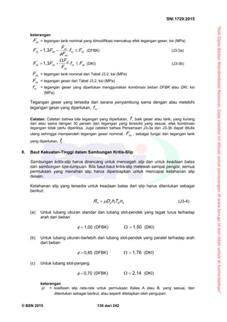 “HakCiptaBadanStandardisasiNasional,Copystandarinidibuatuntukpenayangandiwww.bsn.go.iddantidakuntukdikomersialkan”
SNI 1729:2015
© BSN 2015 130 dari 242
keterangan
'
ntF = tegangan tarik nominal yang dimodifikasi mencakup efek tegangan geser, ksi (MPa)
ntrv
n v
nt
nt
'
nt Ff
F
F
FF 

1 , 3
(DFBK) (J3-3a)
ntrv
n v
nt
nt
'
nt Ff
F
F
FF 


1 , 3
(DKI) (J3-3b)
ntF = tegangan tarik nominal dari Tabel J3.2, ksi (MPa)
n vF = tegangan geser dari Tabel J3.2, ksi (MPa)
rvf = tegangan geser yang diperlukan menggunakan kombinasi beban DFBK atau DKI, ksi
(MPa)
Tegangan geser yang tersedia dari sarana penyambung sama dengan atau melebihi
tegangan geser yang diperlukan, rvf .
Catatan: Catatan bahwa bila tegangan yang diperlukan, f, baik geser atau tarik, yang kurang
dari atau sama dengan 30 persen dari tegangan yang tersedia yang sesuai, efek kombinasi
tegangan tidak perlu diperiksa. Juga catatan bahwa Persamaan J3-3a dan J3-3b dapat ditulis
ulang sehingga memperoleh tegangan geser nominal, '
n vF , sebagai fungsi dari tegangan tarik
yang diperlukan, tf .
8. Baut Kekuatan-Tinggi dalam Sambungan Kritis-Slip
Sambungan kritis-slip harus dirancang untuk mencegah slip dan untuk keadaan batas
dari sambungan tipe-tumpuan. Bila baut-baut kritis-slip melewati sampai pengisi, semua
permukaan yang menahan slip harus dipersiapkan untuk mencapai ketahanan slip
desain.
Ketahanan slip yang tersedia untuk keadaan batas dari slip harus ditentukan sebagai
berikut:
sbfun nThDR  (J3-4)
(a) Untuk lubang ukuran standar dan lubang slot-pendek yang tegak lurus terhadap
arah dari beban
1 , 0 0
 (DFBK)
1 , 5 0
 (DKI)
(b) Untuk lubang ukuran-berlebih dan lubang slot-pendek yang paralel terhadap arah
dari beban
0 , 8 5
 (DFBK)
1 , 7 6
 (DKI)
(c) Untuk lubang slot-panjang
0 , 7 0
 (DFBK)
2 , 1 4
 (DKI)
keterangan
 = koefisien slip rata-rata untuk permukaan Kelas A atau B, yang sesuai, dan
ditentukan sebagai berikut, atau seperti ditetapkan oleh pengujian:
 