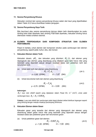 “HakCiptaBadanStandardisasiNasional,Copystandarinidibuatuntukpenayangandiwww.bsn.go.iddantidakuntukdikomersialkan”
SNI 1729:2015
© BSN 2015 133 dari 242
11. Sarana Penyambung Khusus
Kekuatan nominal dari sarana penyambung khusus selain dari baut yang diperlihatkan
dalam Tabel J3.2 harus diverifikasi melalui pengujian.
12. Sarana Penyambung Gaya Tarik
Bila baut-baut atau sarana penyambung lainnya dalam tarik disambungkan ke suatu
dinding boks tidak diperkaku atau dinding PSB tidak diperkaku, kekuatan dinding harus
ditentukan melalui analisis rasional.
J4. ELEMEN TERPENGARUH DARI KOMPONEN STRUKTUR DAN ELEMEN
PENYAMBUNG
Pasal ini berlaku untuk elemen dari komponen struktur pada sambungan dan elemen
penyambung, seperti pelat, buhul, siku, dan konsol.
1. Kekuatan Elemen dalam Tarik
Kekuatan desain, nR , dan kekuatan yang diizinkan, /nR , dari elemen yang
dipengaruhi dan elemen yang disambung yang dibebani gaya tarik harus nilai yang
terendah yang diperoleh sesuai dengan keadaan batas dari pelelehan tarik dan
keruntuhan tarik.
(a) Untuk leleh tarik dari elemen yang disambung
gyn AFR  (J4-1)
0 , 9 0
 (DFBK)
1 , 6 7
 (DKI)
(b) Untuk keruntuhan tarik dari elemen yang disambung
eun AFR  (J4-2)
0 , 7 5
 (DFBK)
2 , 0 0
 (DKI)
keterangan
eA = luas neto efektif seperti yang dijelaskan dalam Pasal D3, in.2
(mm2
); untuk pelat
sambungan baut, gne AAA
0 , 8 5

Catatan: Luas neto efektif dari sambungan pelat dapat dibatasi akibat distribusi tegangan seperti
yang dihitung dengan metode misalnya penampang Whitmore.
2. Kekuatan Elemen dalam Geser
Kekuatan geser yang tersedia dari elemen yang dipengaruhi dan elemen yang
disambung dalam geser harus nilai yang terendah yang diperoleh sesuai dengan
keadaan batas dari pelelehan geser dan keruntuhan geser:
(a) Untuk pelelehan geser dari elemen:
g vyn AFR
0 , 6 0
 (J4-3)
1 , 0 0
 (DFBK)
1 , 5 0
 (DKI)
 
