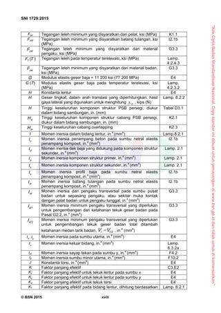“HakCiptaBadanStandardisasiNasional,Copystandarinidibuatuntukpenayangandiwww.bsn.go.iddantidakuntukdikomersialkan”
SNI 1729:2015
© BSN 2015 xviii
Fyp Tegangan leleh minimum yang disyaratkan dari pelat, ksi (MPa) K1.1
Fysr Tegangan leleh minimum yang disyaratkan batang tulangan, ksi
(MPa)
I2.1b
ystF Tegangan leleh minimum yang disyaratkan dari material
pengaku, ksi (MPa)
G3.3
 TFT
Tegangan leleh pada temperatur terelevasi, ksi (MPa) Lamp.
4.2.4.3
ywF Tegangan leleh minimum yang disyaratkan dari material badan,
ksi (MPa)
G3.3
G Modulus elastis geser baja = 11 200 ksi (77 200 MPa) E4
G (T) Modulus elastis geser baja pada temperatur terelevasi, ksi
(MPa)
Lamp.
4.2.3.2
H Konstanta lentur E4
H Geser tingkat, dalam arah translasi yang diperhitungkan, hasil
gaya lateral yang digunakan untuk menghitung H
 , kips (N)
Lamp. 8.2.2
H Tinggi keseluruhan komponen struktur PSB persegi, diukur
dalam bidang sambungan, in. (mm)
Tabel D3.1
bH Tinggi keseluruhan komponen struktur cabang PSB persegi,
diukur dalam bidang sambungan, in. (mm)
K2.1
biH Tinggi keseluruhan cabang overlapping K2.3
I Momen inersia dalam bidang lentur, in.4
(mm4
) Lamp.8.2.1
cI Momen inersia penampang beton pada sumbu netral elastis
penampang komposit, in.4
(mm4
)
I2.1b
dI Momen inersia dek baja yang didukung pada komponen struktur
sekunder, in.4
(mm4
)
Lamp. 2.1
pI Momen inersia komponen struktur primer, in.4
(mm4
) Lamp. 2.1
sI Momen inersia komponen struktur sekunder, in.4
(mm4
) Lamp. 2.1
sI Momen inersia profil baja pada sumbu netral elastis
penampang komposit, in.4
(mm4
)
I2.1b
srI Momen inersia batang tulangan pada sumbu netral elastis
penampang komposit, in.4
(mm4
)
I2.1b
stI Momen inersia dari pengaku transversal pada sumbu pusat
badan untuk sepasang pengaku, atau sekitar muka kontak
dengan pelat badan untuk pengaku tunggal, in.4
(mm4
)
G3.3
1
stI Momen inersia minimum pengaku transversal yang diperlukan
untuk pengembangan dari ketahanan tekuk geser badan pada
Pasal G2.2, in.4
(mm4
)
G3.3
2
stI Momen inersia minimum pengaku transversal yang diperlukan
untuk pengembangan tekuk geser badan total ditambah
ketahanan medan tarik badan, 2
cr VV  , in.4
(mm4
)
G3.3
xI , yI Momen inersia pada sumbu utama, in.4
(mm4
) E4
yI Momen inersia keluar bidang, in.4
(mm4
) Lamp.
6.3.2a
Iyc Momen inersia sayap tekan pada sumbu y, in.4
(mm4
) F4.2
Iz Momen inersia sumbu minor utama, in.4
(mm4
) F10.2
J Konstanta torsi, in.4
(mm4
) E4
K Faktor panjang efektif C3,E2
Kx Faktor panjang efektif untuk tekuk lentur pada sumbu x E4
Ky Faktor panjang efektif untuk tekuk lentur pada sumbu y E4
Kz Faktor panjang efektif untuk tekuk torsi E4
K1 Faktor panjang efektif pada bidang lentur, dihitung berdasarkan Lamp. 8.2.1
 