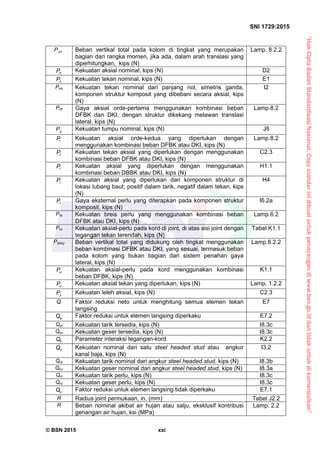 “HakCiptaBadanStandardisasiNasional,Copystandarinidibuatuntukpenayangandiwww.bsn.go.iddantidakuntukdikomersialkan”
SNI 1729:2015
© BSN 2015 xxi
m fP Beban vertikal total pada kolom di tingkat yang merupakan
bagian dari rangka momen, jika ada, dalam arah translasi yang
diperhitungkan, kips (N)
Lamp. 8.2.2
nP Kekuatan aksial nominal, kips (N) D2
nP Kekuatan tekan nominal, kips (N) E1
Pno Kekuatan tekan nominal dari panjang nol, simetris ganda,
komponen struktur komposit yang dibebani secara aksial, kips
(N)
I2
Pnt Gaya aksial orde-pertama menggunakan kombinasi beban
DFBK dan DKI, dengan struktur dikekang melawan translasi
lateral, kips (N)
Lamp.8.2
pP Kekuatan tumpu nominal, kips (N) J8
rP Kekuatan aksial orde-kedua yang diperlukan dengan
menggunakan kombinasi beban DFBK atau DKI, kips (N)
Lamp.8.2
rP Kekuatan tekan aksial yang diperlukan dengan menggunakan
kombinasi beban DFBK atau DKI, kips (N)
C2.3
rP Kekuatan aksial yang diperlukan dengan menggunakan
kombinasi beban DBBK atau DKI, kips (N)
H1.1
rP Kekuatan aksial yang diperlukan dari komponen struktur di
lokasi lubang baut; positif dalam tarik, negatif dalam tekan, kips
(N)
H4
rP Gaya eksternal perlu yang diterapkan pada komponen struktur
komposit, kips (N)
I6.2a
Prb Kekuatan breis perlu yang menggunakan kombinasi beban
DFBK atau DKI, kips (N)
Lamp.6.2
Pro Kekuatan aksial-perlu pada kord di joint, di atas sisi joint dengan
tegangan tekan terendah, kips (N)
Tabel K1.1
Pstory Beban vertikal total yang didukung oleh tingkat menggunakan
beban kombinasi DFBK atau DKI, yang sesuai, termasuk beban
pada kolom yang bukan bagian dari sistem penahan gaya
lateral, kips (N)
Lamp.8.2.2
uP Kekuatan aksial-perlu pada kord menggunakan kombinasi
beban DFBK, kips (N)
K1.1
uP Kekuatan aksial tekan yang diperlukan, kips (N) Lamp. 1.2.2
yP Kekuatan leleh aksial, kips (N) C2.3
Q Faktor reduksi neto untuk menghitung semua elemen tekan
langsing
E7
aQ Faktor reduksi untuk elemen langsing diperkaku E7.2
Qct Kekuatan tarik tersedia, kips (N) I8.3c
Qcv Kekuatan geser tersedia, kips (N) I8.3c
fQ Parameter interaksi tegangan-kord K2.2
nQ Kekuatan nominal dari satu steel headed stud atau angkur
kanal baja, kips (N)
I3.2
Qnt Kekuatan tarik nominal dari angkur steel headed stud, kips (N) I8.3b
Qnv Kekuatan geser nominal dari angkur steel headed stud, kips (N) I8.3a
Qrt Kekuatan tarik perlu, kips (N) I8.3c
Qrv Kekuatan geser perlu, kips (N) I8.3c
sQ Faktor reduksi untuk elemen langsing tidak diperkaku E7.1
R Radius joint permukaan, in. (mm) Tabel J2.2
R Beban nominal akibat air hujan atau salju, eksklusif kontribusi
genangan air hujan, ksi (MPa)
Lamp. 2.2
 