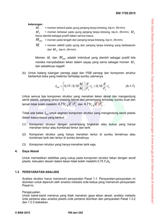 “HakCiptaBadanStandardisasiNasional,Copystandarinidibuatuntukpenayangandiwww.bsn.go.iddantidakuntukdikomersialkan”
SNI 1729:2015
© BSN 2015 190 dari 242
keterangan
1
M = momen terkecil pada ujung panjang tanpa breising, kip-in. (N-mm)
2
M = momen terbesar pada ujung panjang tanpa breising, kip-in. (N-mm). 2
M
harus diambil sebagai positif dalam semua kasus.
m idM = momen pada tengah dari panjang tanpa breising, kip-in. (N-mm)
'
1
M = momen efektif pada ujung dari panjang tanpa breising yang berlawanan
dari 2
M , kip-in. (N-mm)
Momen 1
M dan m idM adalah individual yang diambil sebagai positif bila
mereka menyebabkan tekan dalam sayap yang sama sebagai momen 2
M
dan sebaliknya negatif.
(b) Untuk batang tulangan persegi pejal dan PSB persegi dan komponen struktur
berbentuk boks yang melentur terhadap sumbu utamanya
y
y
y
y
'
p d r
F
E
r
F
E
M
M
L
0 , 1 00 , 1 0-0 , 1 7
2
1






 (A-1-7)
Untuk semua tipe komponen struktur yang menahan tekan aksial dan mengandung
sendi plastis, panjang tanpa breising lateral dari penampang terhadap sumbu kuat dan
lemah tidak boleh melebihi yx FEr
/4 , 7 1
dan yy FEr
/4 , 7 1
.
Tidak ada batas p dL untuk segmen komponen struktur yang mengandung sendi plastis
dalam kasus-kasus yang berikut:
(1) Komponen struktur dengan penampang lingkaran atau kubus yang hanya
menahan lentur atau kombinasi lentur dan tarik
(2) Komponen struktur yang hanya menahan lentur di sumbu lemahnya atau
kombinasi tarik dan lentur di sumbu lemahnya
(3) Komponen struktur yang hanya menahan tarik saja.
4. Gaya Aksial
Untuk memastikan daktilitas yang cukup pada komponen struktur tekan dengan sendi
plastis, kekuatan desain dalam tekan tidak boleh melebihi 0,75 FyAg.
1.3 PERSYARATAN ANALISIS
Analisis struktur harus memenuhi persyaratan Pasal 1.1. Persyaratan-persyaratan ini
diizinkan untuk dipenuhi oleh analisis inelastis orde kedua yang memenuhi persyaratan
Pasal ini.
Pengecualian:
Untuk balok-balok menerus yang tidak menahan gaya tekan aksial, analisis inelastis
orde pertama atau analisis plastis orde pertama diizinkan dan persyaratan Pasal 1.3.2
dan 1.3.3 diabaikan.
 