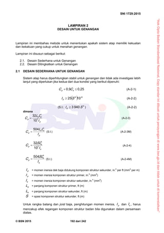 “HakCiptaBadanStandardisasiNasional,Copystandarinidibuatuntukpenayangandiwww.bsn.go.iddantidakuntukdikomersialkan”
SNI 1729:2015
© BSN 2015 192 dari 242
LAMPIRAN 2
DESAIN UNTUK GENANGAN
Lampiran ini membahas metode untuk menentukan apakah sistem atap memiliki kekuatan
dan kekakuan yang cukup untuk menahan genangan.
Lampiran ini disusun sebagai berikut:
2.1. Desain Sederhana untuk Genangan
2.2. Desain Ditingkatkan untuk Genangan
2.1 DESAIN SEDERHANA UNTUK GENANGAN
Sistem atap harus diperhitungkan stabil untuk genangan dan tidak ada investigasi lebih
lanjut yang diperlukan jika kedua dari dua kondisi yang berikut dipenuhi:
0 , 2 50 , 9
 sp CC (A-2-1)
 
- 64 1 02 5
SId
 (A-2-2)
(S.I.:
49 4 03
SId
 ) (A-2-2)
dimana
p
ps
p
I
LL
C 7
4
1 0
3 2
 (A-2-3)
p
ps
p
I
LL
C
45 0 4
 (S.I.) (A-2-3M)
s
s
p
I
S L
C 7
4
1 0
3 2
 (A-2-4)
s
s
p
I
S L
C
45 0 4
 (S.I.) (A-2-4M)
dI = momen inersia dek baja didukung komponen struktur sekunder, in.4
per ft (mm4
per m)
pI = momen inersia komponen struktur primer, in.4
(mm4
)
sI = momen inersia komponen struktur sekunder, in.4
(mm4
)
pL = panjang komponen struktur primer, ft (m)
sL = panjang komponen struktur sekunder, ft (m)
S = spasi komponen struktur sekunder, ft (m)
Untuk rangka batang dan joist baja, penghitungan momen inersia, pI dan sI , harus
mencakup efek regangan komponen struktur badan bila digunakan dalam persamaan
diatas.
 