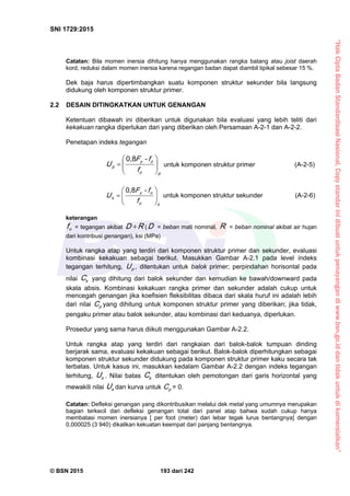 “HakCiptaBadanStandardisasiNasional,Copystandarinidibuatuntukpenayangandiwww.bsn.go.iddantidakuntukdikomersialkan”
SNI 1729:2015
© BSN 2015 193 dari 242
Catatan: Bila momen inersia dihitung hanya menggunakan rangka batang atau joist daerah
kord, reduksi dalam momen inersia karena regangan badan dapat diambil tipikal sebesar 15 %.
Dek baja harus dipertimbangkan suatu komponen struktur sekunder bila langsung
didukung oleh komponen struktur primer.
2.2 DESAIN DITINGKATKAN UNTUK GENANGAN
Ketentuan dibawah ini diberikan untuk digunakan bila evaluasi yang lebih teliti dari
kekakuan rangka diperlukan dari yang diberikan oleh Persamaan A-2-1 dan A-2-2.
Penetapan indeks tegangan
po
oy
p
f
f-F
U 






0 , 8
untuk komponen struktur primer (A-2-5)
so
oy
s
f
f-F
U 






0 , 8
untuk komponen struktur sekunder (A-2-6)
keterangan
of = tegangan akibat RD  ( D = beban mati nominal, R = beban nominal akibat air hujan
dari kontribusi genangan), ksi (MPa)
Untuk rangka atap yang terdiri dari komponen struktur primer dan sekunder, evaluasi
kombinasi kekakuan sebagai berikut. Masukkan Gambar A-2.1 pada level indeks
tegangan terhitung, pU , ditentukan untuk balok primer; perpindahan horisontal pada
nilai sC yang dihitung dari balok sekunder dan kemudian ke bawah/downward pada
skala absis. Kombinasi kekakuan rangka primer dan sekunder adalah cukup untuk
mencegah genangan jika koefisien fleksibilitas dibaca dari skala huruf ini adalah lebih
dari nilai pC yang dihitung untuk komponen struktur primer yang diberikan; jika tidak,
pengaku primer atau balok sekunder, atau kombinasi dari keduanya, diperlukan.
Prosedur yang sama harus diikuti menggunakan Gambar A-2.2.
Untuk rangka atap yang terdiri dari rangkaian dari balok-balok tumpuan dinding
berjarak sama, evaluasi kekakuan sebagai berikut. Balok-balok diperhitungkan sebagai
komponen struktur sekunder didukung pada komponen struktur primer kaku secara tak
terbatas. Untuk kasus ini, masukkan kedalam Gambar A-2.2 dengan indeks tegangan
terhitung, sU . Nilai batas sC ditentukan oleh pemotongan dari garis horizontal yang
mewakili nilai sU dan kurva untuk pC = 0.
Catatan: Defleksi genangan yang dikontribusikan melalui dek metal yang umumnya merupakan
bagian terkecil dari defleksi genangan total dari panel atap bahwa sudah cukup hanya
membatasi momen inersianya [ per foot (meter) dari lebar tegak lurus bentangnya] dengan
0,000025 (3 940) dikalikan kekuatan keempat dari panjang bentangnya.
 