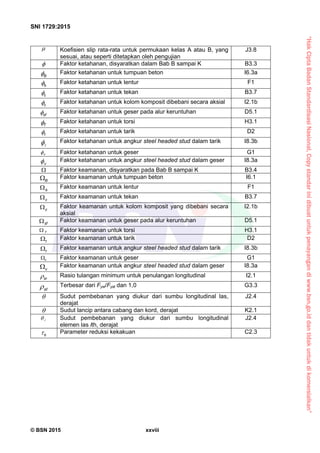 “HakCiptaBadanStandardisasiNasional,Copystandarinidibuatuntukpenayangandiwww.bsn.go.iddantidakuntukdikomersialkan”
SNI 1729:2015
© BSN 2015 xxviii
 Koefisien slip rata-rata untuk permukaan kelas A atau B, yang
sesuai, atau seperti ditetapkan oleh pengujian
J3.8
 Faktor ketahanan, disyaratkan dalam Bab B sampai K B3.3
B Faktor ketahanan untuk tumpuan beton I6.3a
b Faktor ketahanan untuk lentur F1
c Faktor ketahanan untuk tekan B3.7
c Faktor ketahanan untuk kolom komposit dibebani secara aksial I2.1b
sf Faktor ketahanan untuk geser pada alur keruntuhan D5.1
T Faktor ketahanan untuk torsi H3.1
t Faktor ketahanan untuk tarik D2
t Faktor ketahanan untuk angkur steel headed stud dalam tarik I8.3b
v
 Faktor ketahanan untuk geser G1
v Faktor ketahanan untuk angkur steel headed stud dalam geser I8.3a
 Faktor keamanan, disyaratkan pada Bab B sampai K B3.4
B Faktor keamanan untuk tumpuan beton I6.1
b Faktor keamanan untuk lentur F1
c Faktor keamanan untuk tekan B3.7
c Faktor keamanan untuk kolom komposit yang dibebani secara
aksial
I2.1b
sf Faktor keamanan untuk geser pada alur keruntuhan D5.1
T
 Faktor keamanan untuk torsi H3.1
t Faktor keamanan untuk tarik D2
t Faktor keamanan untuk angkur steel headed stud dalam tarik I8.3b
v
 Faktor keamanan untuk geser G1
v Faktor keamanan untuk angkur steel headed stud dalam geser I8.3a
sr Rasio tulangan minimum untuk penulangan longitudinal I2.1
st
 Terbesar dari Fyw/Fyst dan 1,0 G3.3
 Sudut pembebanan yang diukur dari sumbu longitudinal las,
derajat
J2.4
 Sudut lancip antara cabang dan kord, derajat K2.1
i
 Sudut pembebanan yang diukur dari sumbu longitudinal
elemen las ith, derajat
J2.4
b Parameter reduksi kekakuan C2.3
 