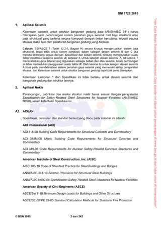 “HakCiptaBadanStandardisasiNasional,Copystandarinidibuatuntukpenayangandiwww.bsn.go.iddantidakuntukdikomersialkan”
SNI 1729:2015
© BSN 2015 2 dari 242
1. Aplikasi Seismik
Ketentuan seismik untuk struktur bangunan gedung baja (ANSI/AISC 341) harus
diterapkan pada perancangan sistem penahan gaya seismik dari baja struktural atau
baja struktural yang bekerja secara komposit dengan beton bertulang, kecuali secara
khusus diatur lain oleh peraturan bangunan gedung yang berlaku.
Catatan: SEI/ASCE 7 (Tabel 12.2-1, Bagian H) secara khusus mengecualikan sistem baja
struktural, tetapi tidak untuk sistem komposit, dalam kategori desain seismik B dan C jika
mereka dirancang sesuai dengan Spesifikasi dan beban seismik dihitung menggunakan suatu
faktor modifikasi respons seismik, R, sebesar 3. Untuk kategori desain seismik A, SEI/ASCE 7
mensyaratkan gaya lateral yang digunakan sebagai beban dan efek seismik, tetapi perhitungan
ini tidak memerlukan penggunaan suatu faktor R. Oleh karena itu untuk kategori desain seismik
A tidak perlu mendefinisikan sistem penahan gaya seismik yang memenuhi setiap persyaratan
khusus dan Ketentuan seismik untuk struktur bangunan gedung baja tidak perlu diterapkan.
Ketentuan Lampiran 1 dari Spesifikasi ini tidak berlaku untuk desain seismik dari
bangunan gedung dan struktur lainnya.
2. Aplikasi Nuklir
Perancangan, pabrikasi dan ereksi struktur nuklir harus sesuai dengan persyaratan
Specification for Safety-Related Steel Structures for Nuclear Facilities (ANSI/AISC
N690), selain ketentuan Spesikasi ini.
A2. ACUAN
Spesifikasi, peraturan dan standar berikut yang diacu pada standar ini adalah:
ACI Internasional (ACI)
ACI 318-08 Building Code Requirements for Structural Concrete and Commentary
ACI 318M-08 Metric Building Code Requirements for Structural Concrete and
Commentary
ACI 349-06 Code Requirements for Nuclear Safety-Related Concrete Structures and
Commentary
American Institute of Steel Construction, Inc. (AISC)
AISC 303-10 Code of Standard Practice for Steel Buildings and Bridges
ANSI/AISC 341-10 Seismic Provisions for Structural Steel Buildings
ANSI/AISC N690-06 Specification Safety-Related Steel Structures for Nuclear Facilities
American Society of Civil Engineers (ASCE)
ASCE/Sei 7-10 Minimum Design Loads for Buildings and Other Structures
ASCE/SEI/SFPE 29-05 Standard Calculation Methods for Structural Fire Protection
 