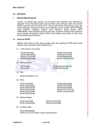 “HakCiptaBadanStandardisasiNasional,Copystandarinidibuatuntukpenayangandiwww.bsn.go.iddantidakuntukdikomersialkan”
SNI 1729:2015
© BSN 2015 7 dari 242
A3. MATERIAL
1. Material Baja Struktural
Laporan uji material atau laporan uji yang dibuat oleh pabrikator atau laboratorium
pengujian harus merupakan bukti yang memadai sesuai dengan salah satu standar
ASTM yang tercantum di Pasal A3.1a. Untuk profil struktur canai-panas, pelat, dan
batang tulangan, pengujian tersebut harus dilakukan sesuai dengan ASTM A6/A6M;
untuk lembaran, pengujian tersebut harus dilakukan sesuai dengan ASTM
A568/A568M; untuk penampang tabung dan pipa, pengujian tersebut harus dilakukan
sesuai dengan persyaratan standar ASTM yang berlaku yang tertera di atas untuk
bentuk-bentuk produk tersebut.
1a. Acuan ke ASTM
Material baja struktural yang sesuai dengan satu dari spesifikasi ASTM berikut yang
disetujui untuk digunakan dalam Spesifikasi ini:
(1) Profil struktur canai panas
ASTM A36/A36M ASTM A709/A709M
ASTM A529/A529M ASTM A913/A913M
ASTM A572/A572M ASTM A992/A992M
ASTM A588/A588M ASTM A1043/A1043M
(2) Tabung struktur
ASTM A500 ASTM A618/ASTM618M
ASTM A501 ASTM A847/A847M
(3) Pipa
ASTM A53/A53M, Gr. B
(4) Pelat
ASTM A36/A36M ASTM A588/A588M
ASTM A242/A242M ASTM A709/A709M
ASTM A283/A283M ASTM A852/A852M
ASTM A514/A514M ASTM A1011/A1011M
ASTM A529/A529M ASTM A1043/A1043M
ASTM A572/A572M
(5) Batang tulangan
ASTM A36/A36M ASTM A572/A572M
ASTM A529/A529M ASTM A709/A709M
(6) Lembaran baja
ASTM A606/A606M
ASTM A1011/A1011M SS, HSLAS, dan HSLAS-F
 