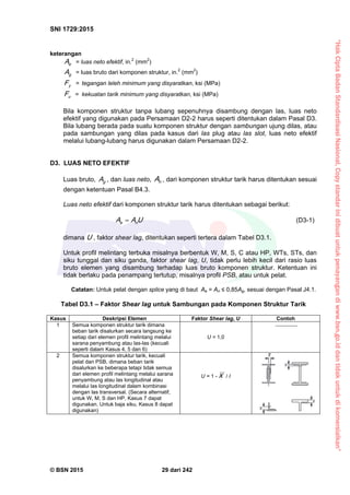 “HakCiptaBadanStandardisasiNasional,Copystandarinidibuatuntukpenayangandiwww.bsn.go.iddantidakuntukdikomersialkan”
SNI 1729:2015
© BSN 2015 29 dari 242
keterangan
eA = luas neto efektif, in.2
(mm2
)
gA = luas bruto dari komponen struktur, in.2
(mm2
)
yF = tegangan leleh minimum yang disyaratkan, ksi (MPa)
uF = kekuatan tarik minimum yang disyaratkan, ksi (MPa)
Bila komponen struktur tanpa lubang sepenuhnya disambung dengan las, luas neto
efektif yang digunakan pada Persamaan D2-2 harus seperti ditentukan dalam Pasal D3.
Bila lubang berada pada suatu komponen struktur dengan sambungan ujung dilas, atau
pada sambungan yang dilas pada kasus dari las plug atau las slot, luas neto efektif
melalui lubang-lubang harus digunakan dalam Persamaan D2-2.
D3. LUAS NETO EFEKTIF
Luas bruto, gA , dan luas neto, nA , dari komponen struktur tarik harus ditentukan sesuai
dengan ketentuan Pasal B4.3.
Luas neto efektif dari komponen struktur tarik harus ditentukan sebagai berikut:
UAA ne
 (D3-1)
dimana U , faktor shear lag, ditentukan seperti tertera dalam Tabel D3.1.
Untuk profil melintang terbuka misalnya berbentuk W, M, S, C atau HP, WTs, STs, dan
siku tunggal dan siku ganda, faktor shear lag, U, tidak perlu lebih kecil dari rasio luas
bruto elemen yang disambung terhadap luas bruto komponen struktur. Ketentuan ini
tidak berlaku pada penampang tertutup, misalnya profil PSB, atau untuk pelat.
Catatan: Untuk pelat dengan splice yang di baut Ae = An ≤ 0,85Ag, sesuai dengan Pasal J4.1.
Tabel D3.1 – Faktor Shear lag untuk Sambungan pada Komponen Struktur Tarik
Kasus Deskripsi Elemen Faktor Shear lag, U Contoh
1 Semua komponen struktur tarik dimana
beban tarik disalurkan secara langsung ke
setiap dari elemen profil melintang melalui
sarana penyambung atau las-las (kecuali
seperti dalam Kasus 4, 5 dan 6)
U = 1,0
2 Semua komponen struktur tarik, kecuali
pelat dan PSB, dimana beban tarik
disalurkan ke beberapa tetapi tidak semua
dari elemen profil melintang melalui sarana
penyambung atau las longitudinal atau
melalui las longitudinal dalam kombinasi
dengan las transversal. (Secara alternatif,
untuk W, M, S dan HP, Kasus 7 dapat
digunakan. Untuk baja siku, Kasus 8 dapat
digunakan)
U = 1 - x / I
 