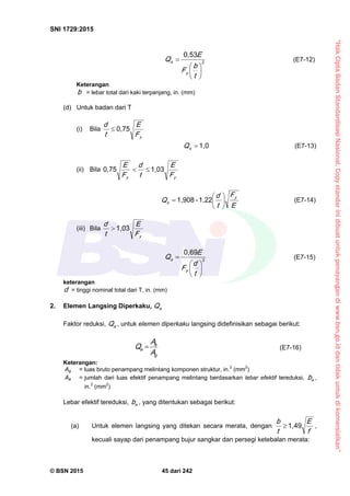 “HakCiptaBadanStandardisasiNasional,Copystandarinidibuatuntukpenayangandiwww.bsn.go.iddantidakuntukdikomersialkan”
SNI 1729:2015
© BSN 2015 45 dari 242
2
0 , 5 3







t
b
F
E
Q
y
s (E7-12)
Keterangan
b = lebar total dari kaki terpanjang, in. (mm)
(d) Untuk badan dari T
(i) Bila
yF
E
t
d 0 , 7 5

1 , 0
sQ (E7-13)
(ii) Bila
yy F
E
t
d
F
E 1 , 0 30 , 7 5

E
F
t
d
Q
y
s 






1 , 2 2-1 , 9 0 8
(E7-14)
(iii) Bila
yF
E
t
d 1 , 0 3

2
0 , 6 9







t
d
F
E
Q
y
s (E7-15)
keterangan
d = tinggi nominal total dari T, in. (mm)
2. Elemen Langsing Diperkaku, aQ
Faktor reduksi, aQ , untuk elemen diperkaku langsing didefinisikan sebagai berikut:
g
e
a
A
A
Q  (E7-16)
Keterangan:
Ag = luas bruto penampang melintang komponen struktur, in.2
(mm2
)
Ae = jumlah dari luas efektif penampang melintang berdasarkan lebar efektif tereduksi, eb ,
in.2
(mm2
)
Lebar efektif tereduksi, eb , yang ditentukan sebagai berikut:
(a) Untuk elemen langsing yang ditekan secara merata, dengan
f
E
t
b 1 , 4 9
 ,
kecuali sayap dari penampang bujur sangkar dan persegi ketebalan merata:
 